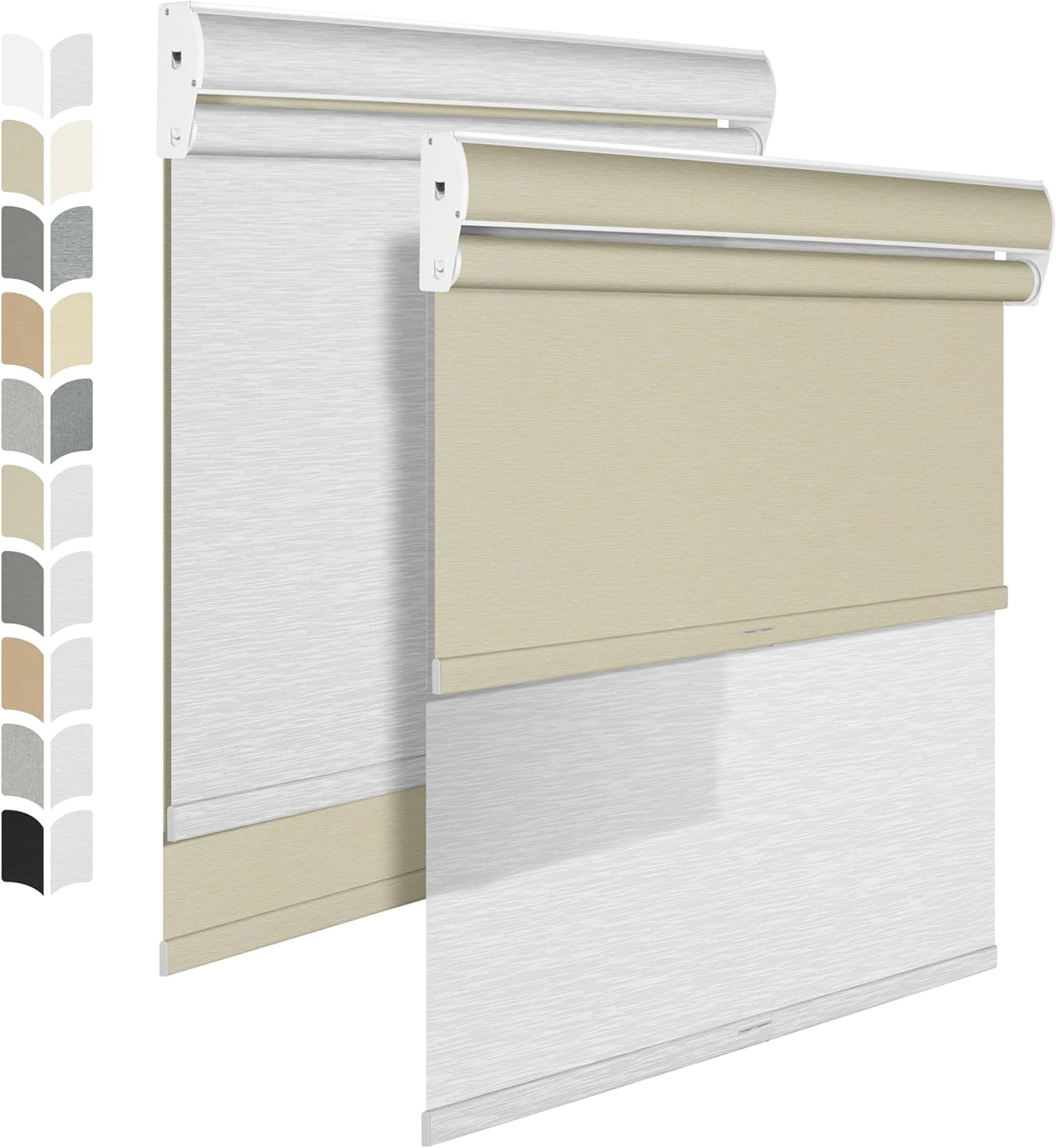BERISSA Cordless Double Roller Shades with Cassette Valance, Blackout and Light Filtering Shades for Home Office Door. Beige and White. 58 W x 56" H
