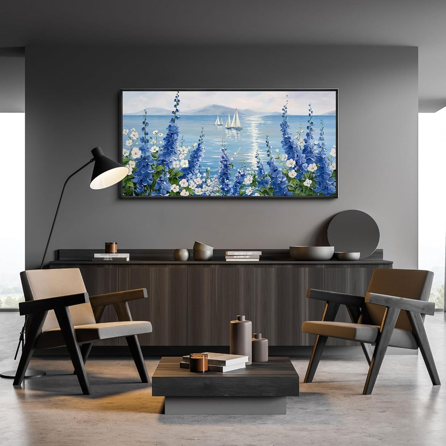 XLSJERST Sailboat Wall Art - Blue Canvas Abstract Painting Textured Picture Artwork Vintage Nautical Flower Painting Coastal Modern Print 20"x40" Frame for Living Room Bedroom Office Home Decoration