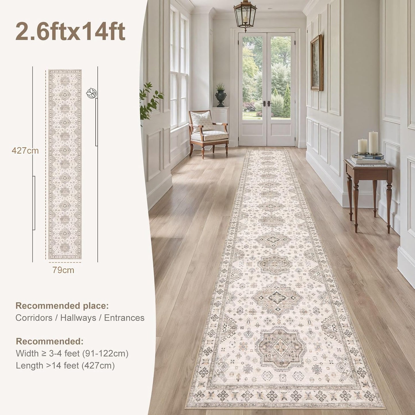 Washable 2.6x14 Runner Rug - Area Rugs Neutral Vintage Distressed Floral Farmhouse Boho Large Soft Floor Rug Indoor Carpet for Hallway Entryway Home - Beige Brown