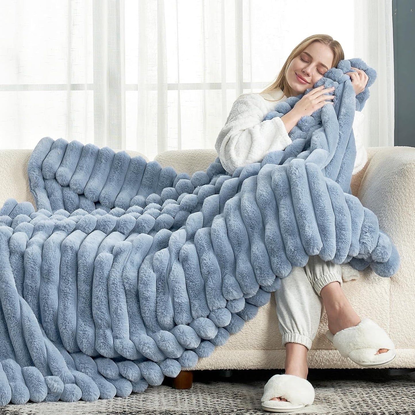 Cozy Bliss Faux Fur Throw Blanket for Couch, Cozy Warm Plush Striped Blanket for Sofa Bedroom Living Room,50 * 60 Inches Light Blue