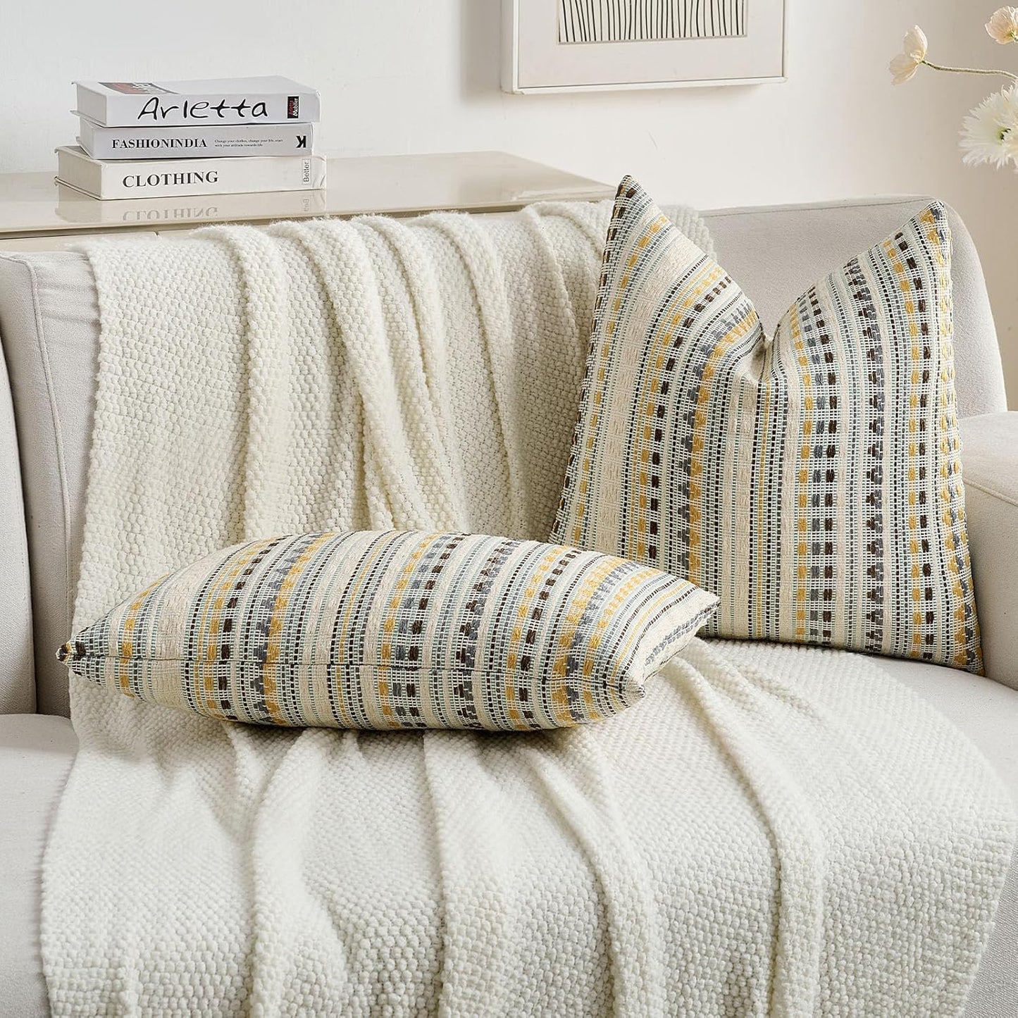 FUTEI Yellow Grey Decorative Throw Pillow Covers 20x20 Inch Set of 2,Soft Cozy Chenille Jacquard Textured Cushion Case,Boho Home Decor for Couch Bed Living Room