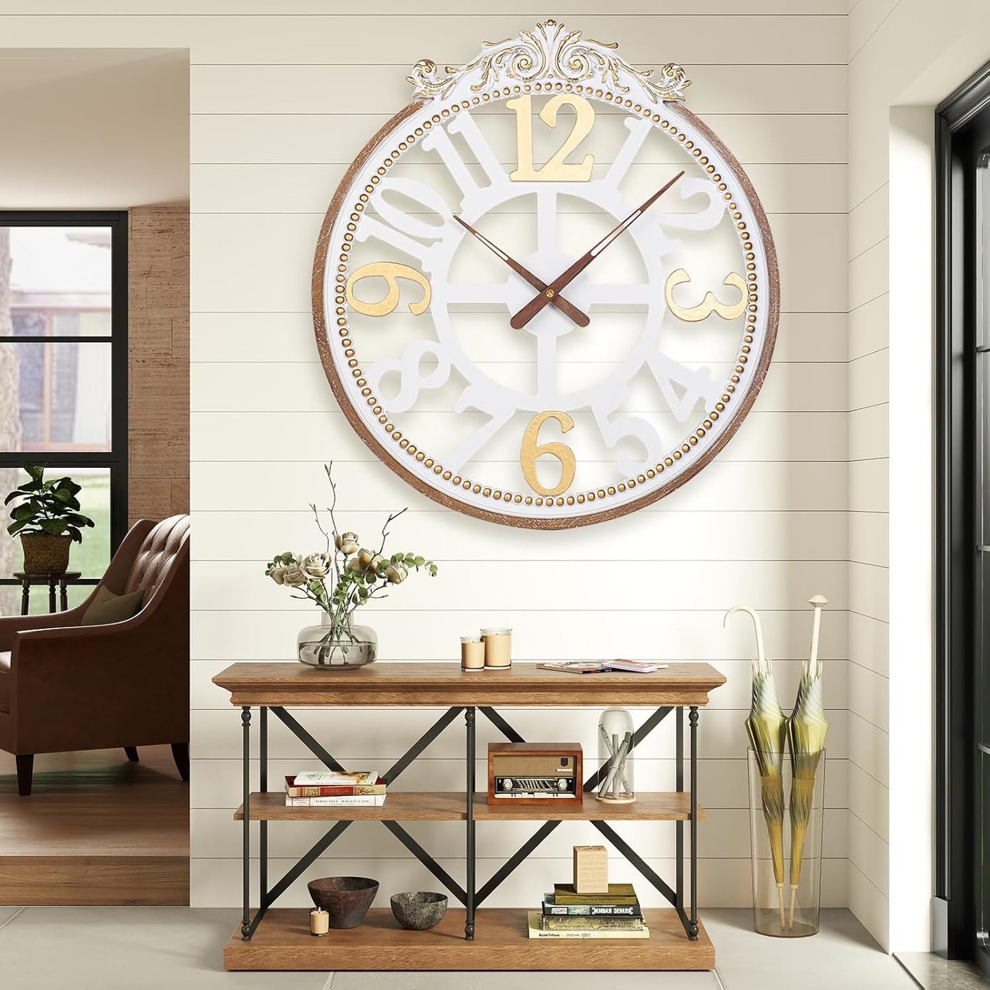 Wall Clock Farmhouse -Large 24 Inch Round Wall Clock for Living Room Decor,Rustic Wooden Big Hanging Clock with Decorative Engraved Numerals, Silent Battery Operated for Kitchen Bedroom Living Room