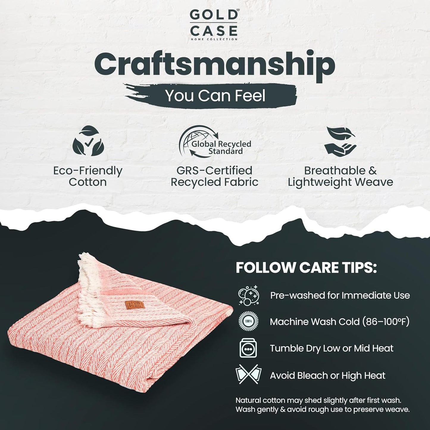 Gold Case Throw Blanket for Couch – 100% Recycled Turkish Cotton Blankets & Throws – Elegant Decorative Throw Blankets for Living Room Sofa – Woven Throws for Couch – Vintage Orange – 50x60