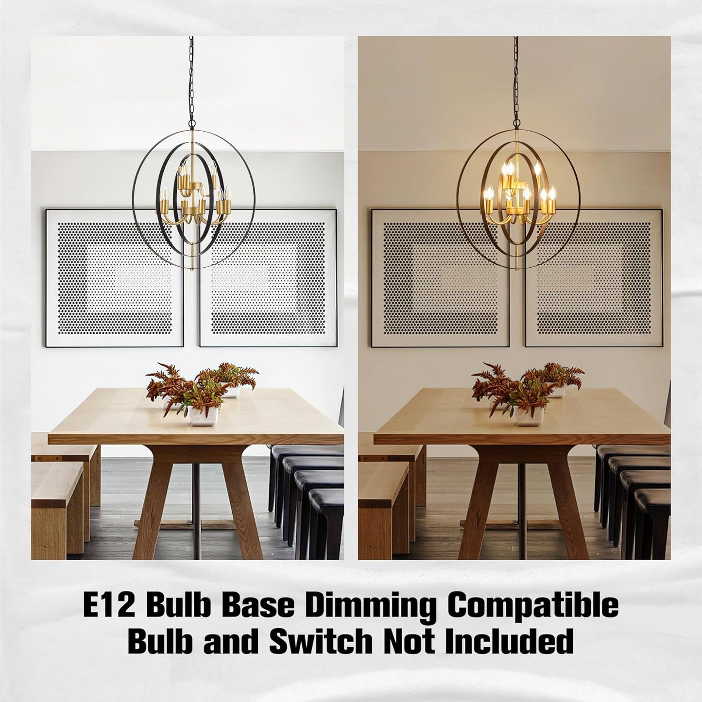 9-Light Globe Rustic Metal Chandelier, 23.6" Black Gold Adjustable Hanging Ceiling Pendant Light Fixture for Entryway Foyer Stairway Bedroom Dining Living Room Hallway