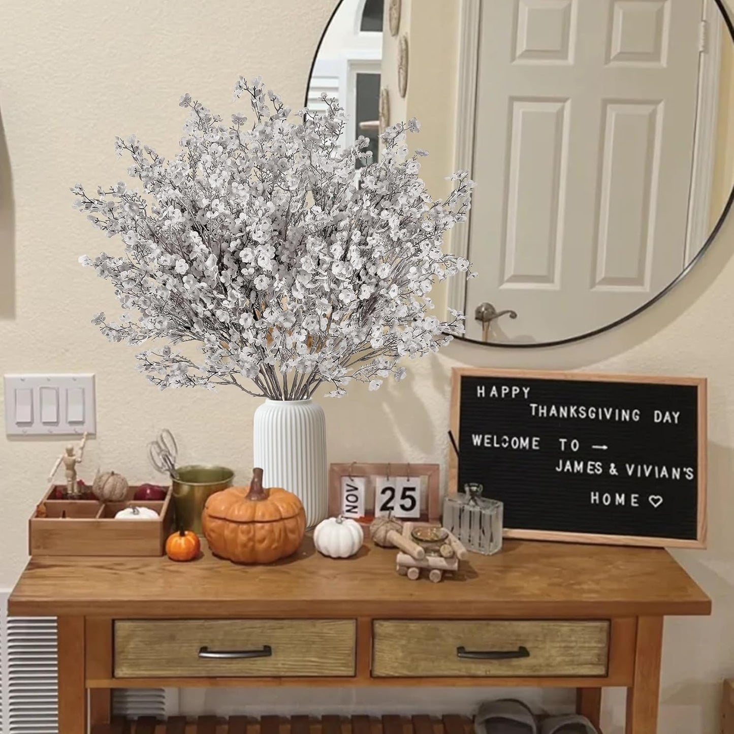 Sggvecsy 15 Pcs Babys Breath Artificial Flowers Gypsophila Bouquets Bulk Real Touch Fake Silk Flowers for Home DIY Floral Arrangement Table Centerpiece Fall Thanksgiving Autumn Decoration (Grey)