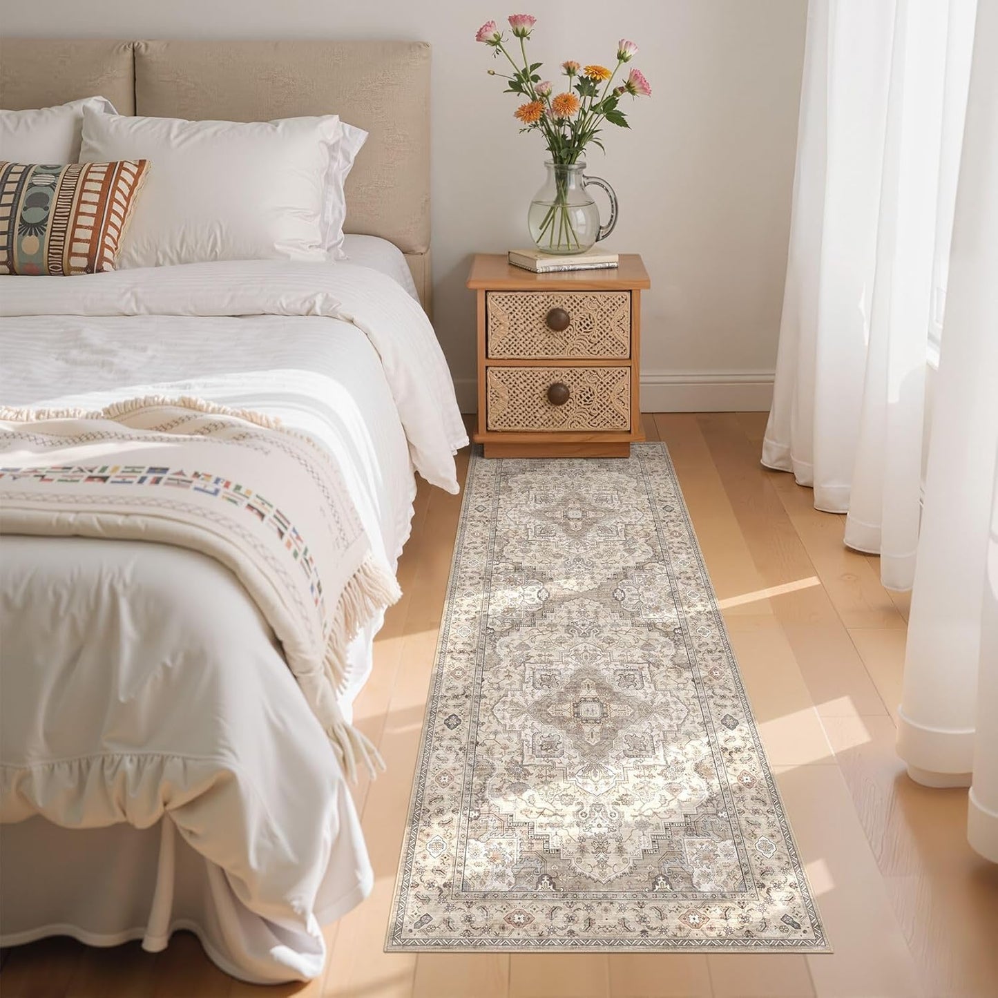 Washable 2x6 Runner Rug - Area Rugs Neutral Vintage Distressed Floral Farmhouse Boho Large Soft Floor Rug Indoor Carpet for Hallway Entryway Bedroom Kitchen - Brown/Multi