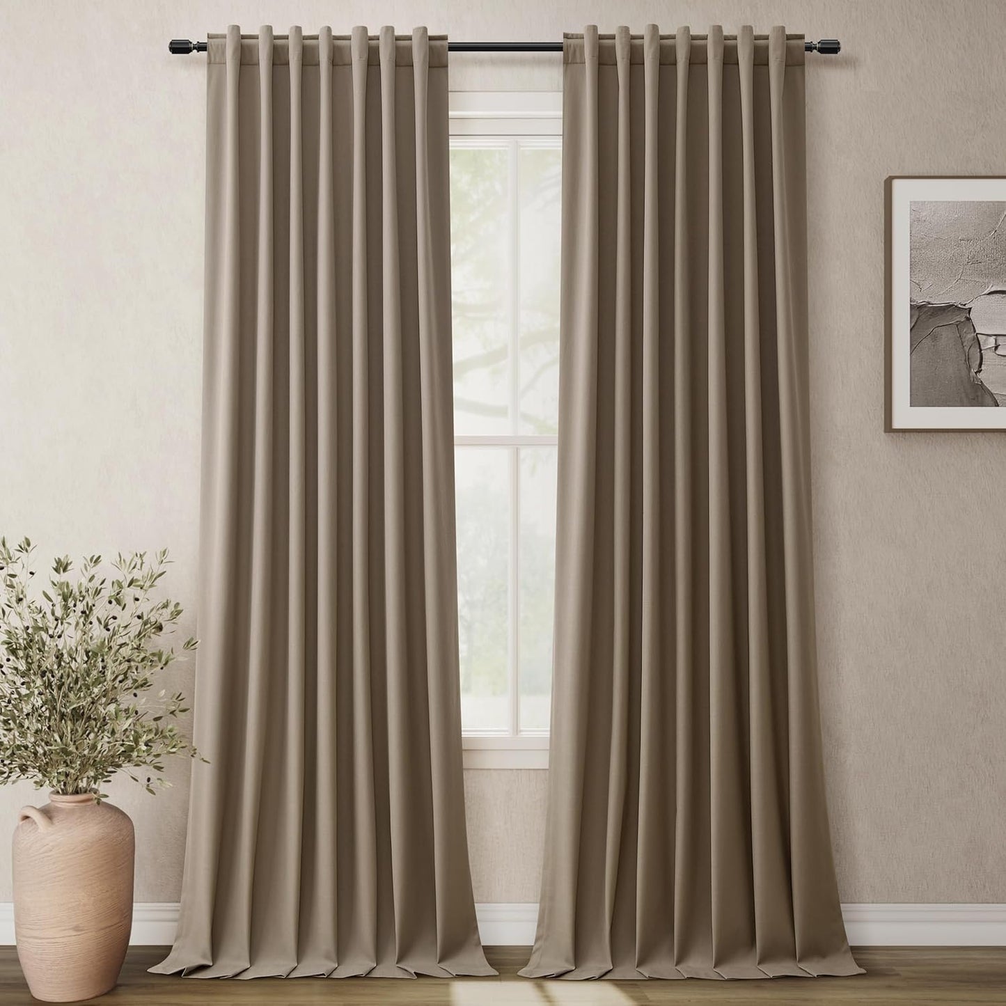 BOODII Room Darkening Curtains Dark Brown Black Out Curtains 96 Inches Long 2 Panel Set Back Tab Neutral Linen Curtain for Sliding Door Modern Farmhouse Living Room Blackout Drapes Soundproof 52x96