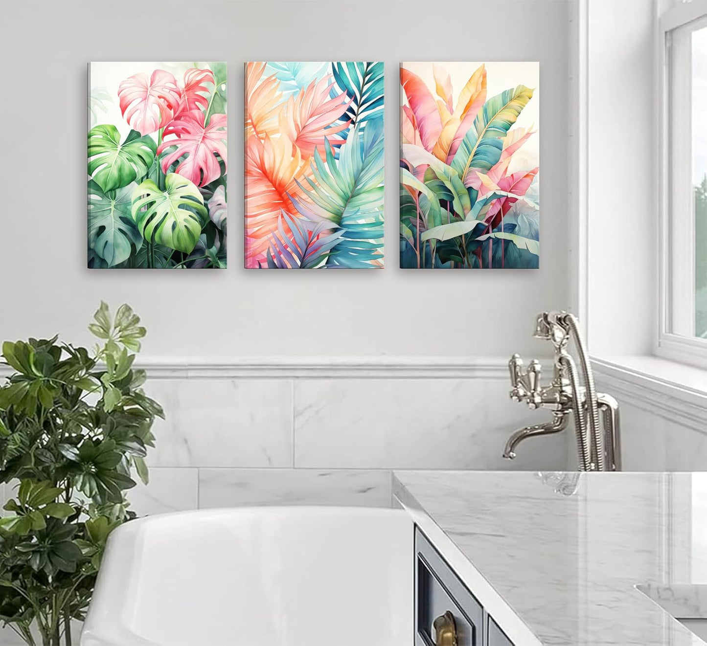 3pcs Framed Tropical Botanical Canvas Wall Art Monstera Leaves Posters Botanical Prints Bohemian style Wall Decor Pictures Palm Leaves Paintings for Bathroom living room Decoration