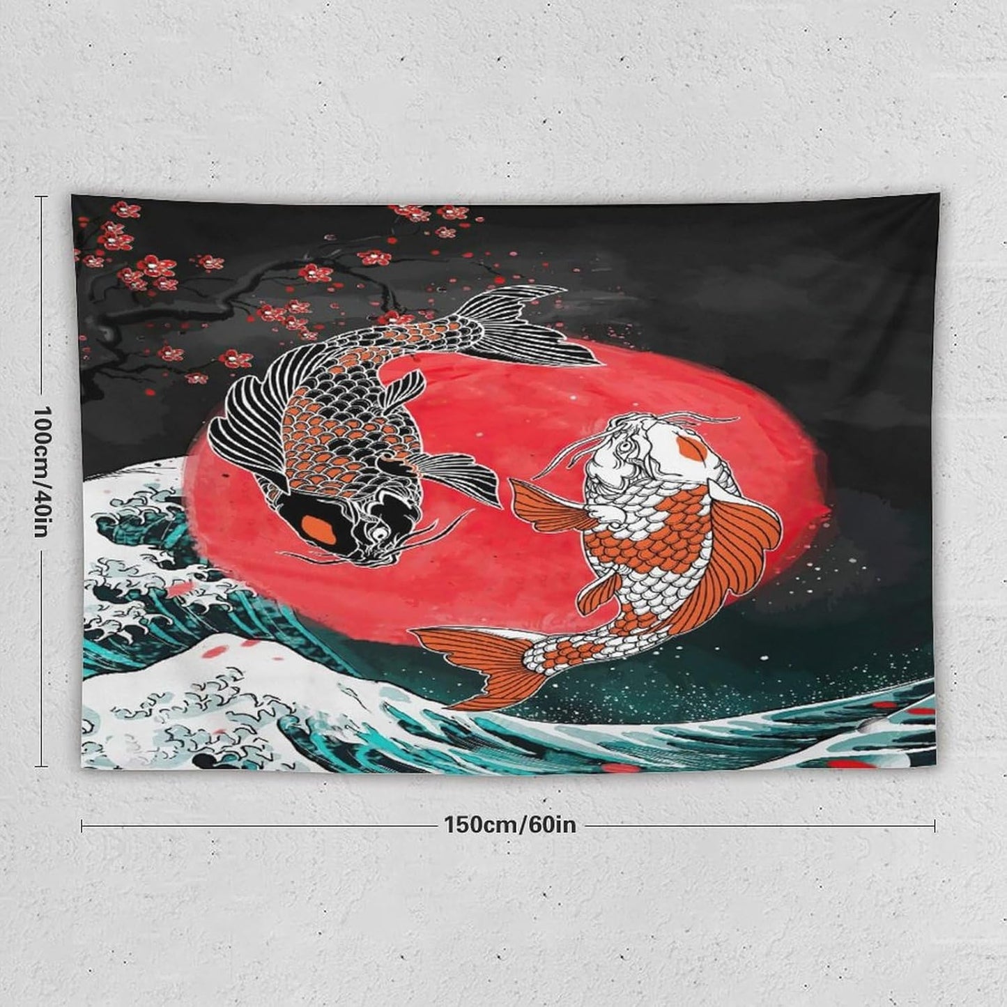 Houselerax Koi Fish Tapestries,Japanese Style Yin Yang Big Wave Cherry Blossoms Tapestry Wall Hanging for Bedroom Living Room Office Decor 60"x40"