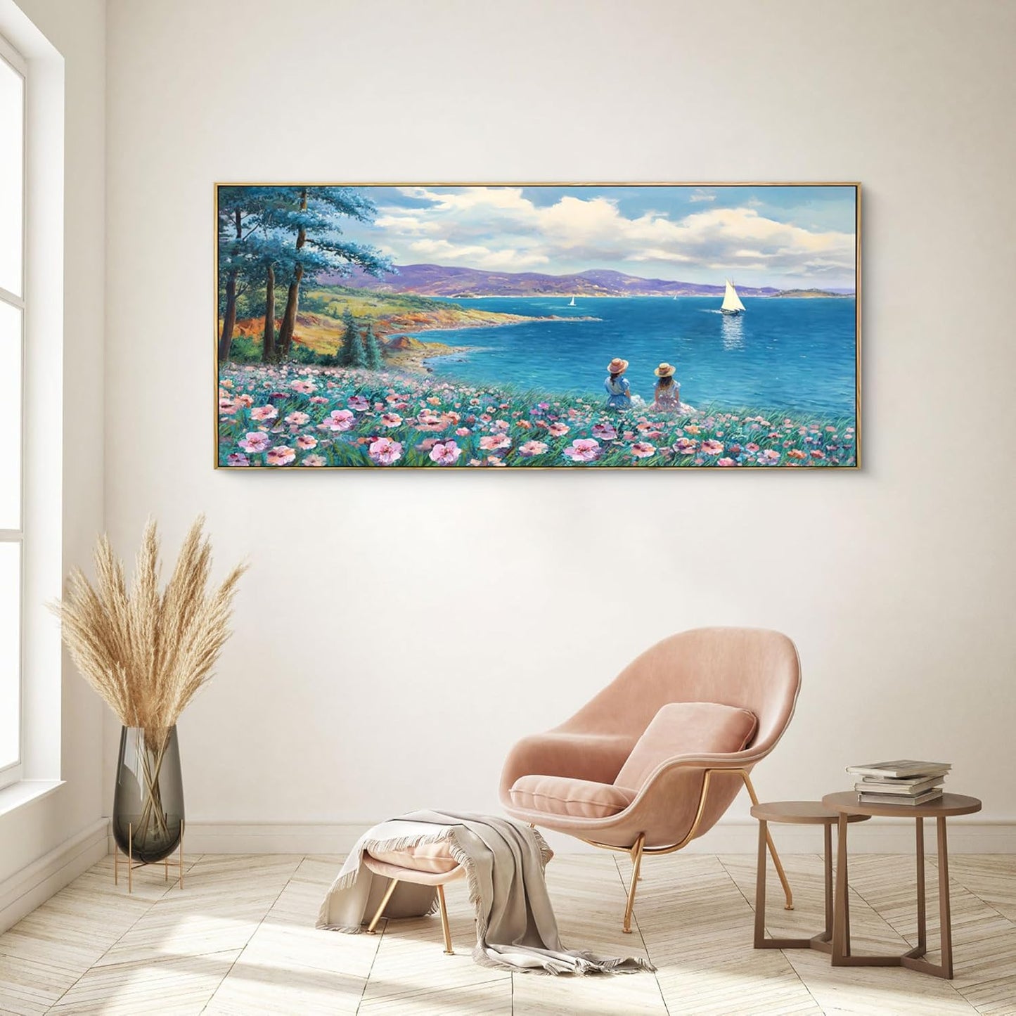 XLSJERST Large Landscape Wall Art - Blue Ocean Pink Flower Sailboat Mountain Tree Wall Decor Orange Frame Artwork for Wall Large Picture for Living Room Bedroom Home Office Decoration Size 29x58