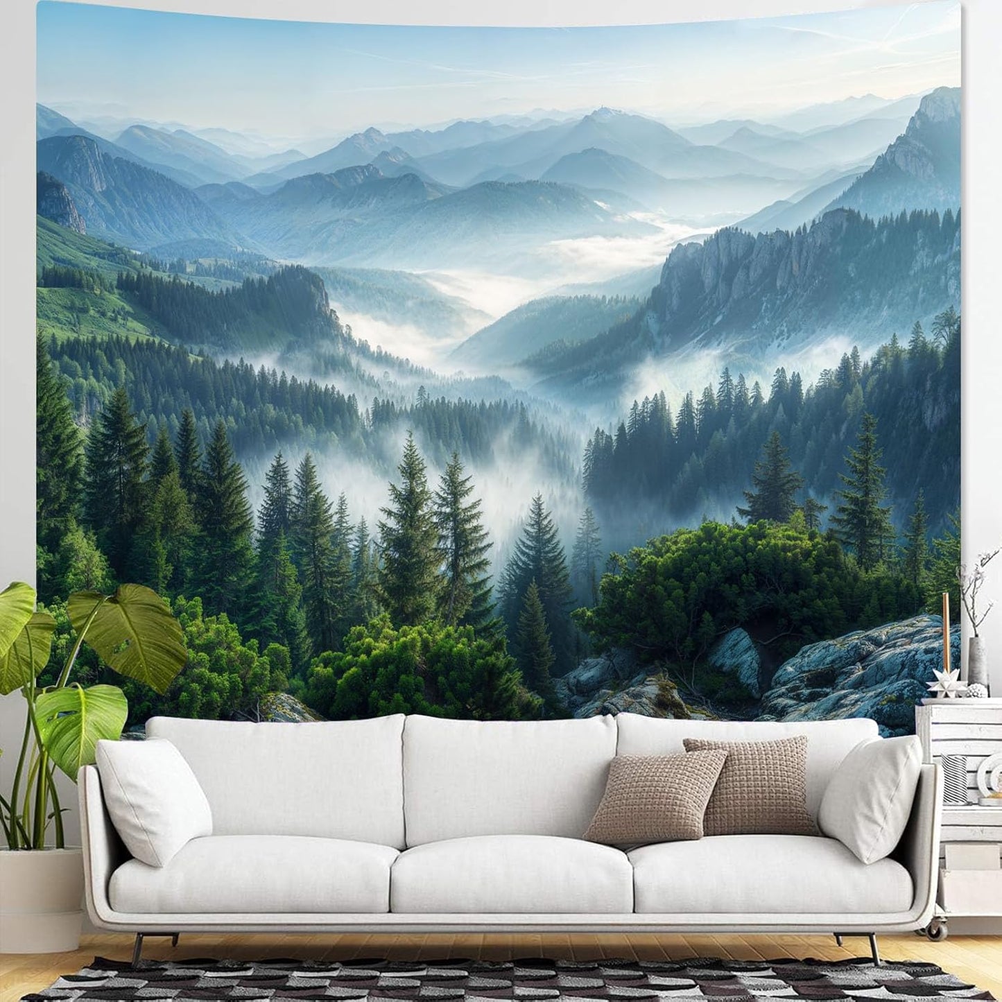 AMM Nature Forest Mountain Tapestry Green Misty Pine Tree Tapestry for Bedroom Aesthetic Foggy Woodlands Sky Landscape Tapestries Wall Hanging for Living Room Dorm 48 x 36 Inch