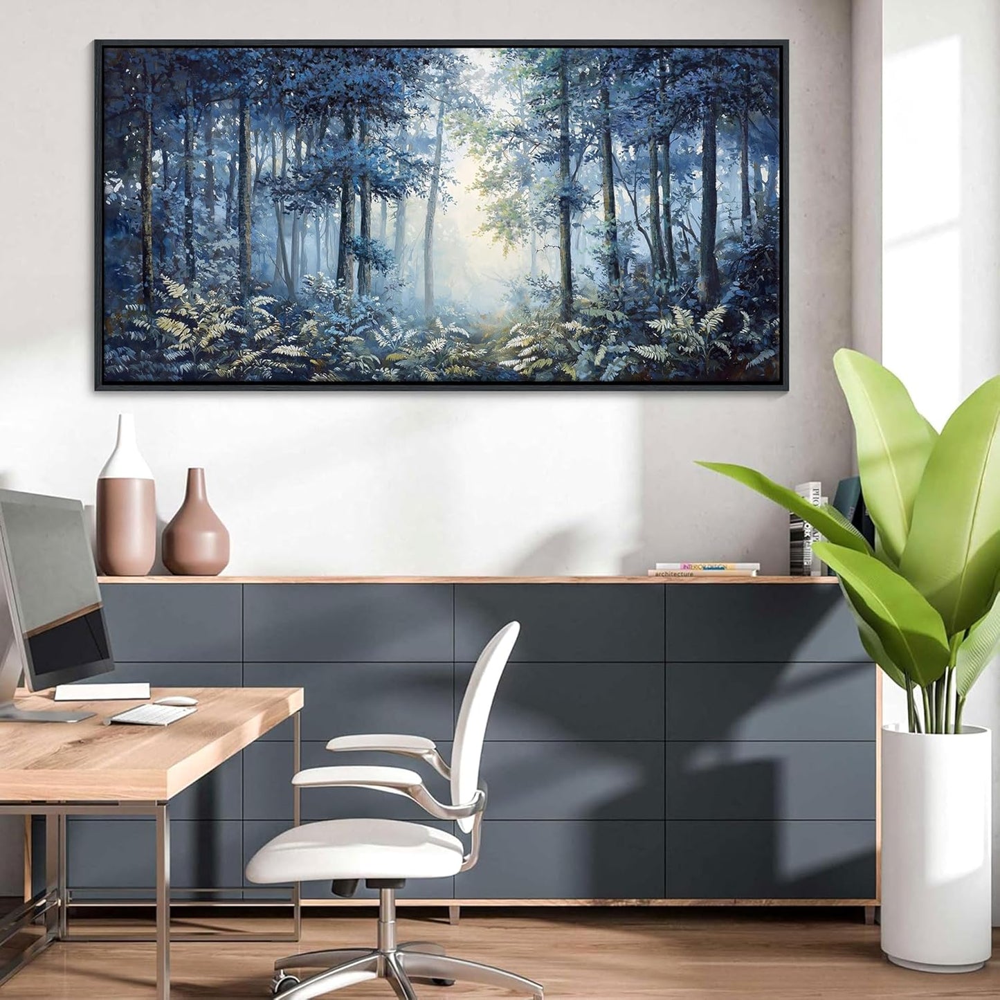 Forest Canvas Wall Art for Living Room - Navy Blue Bedroom Wall Art, Landscape Pictures Wall Decor, Forest Painting, Framed Nature Tree Artwork Walls 24×48IN