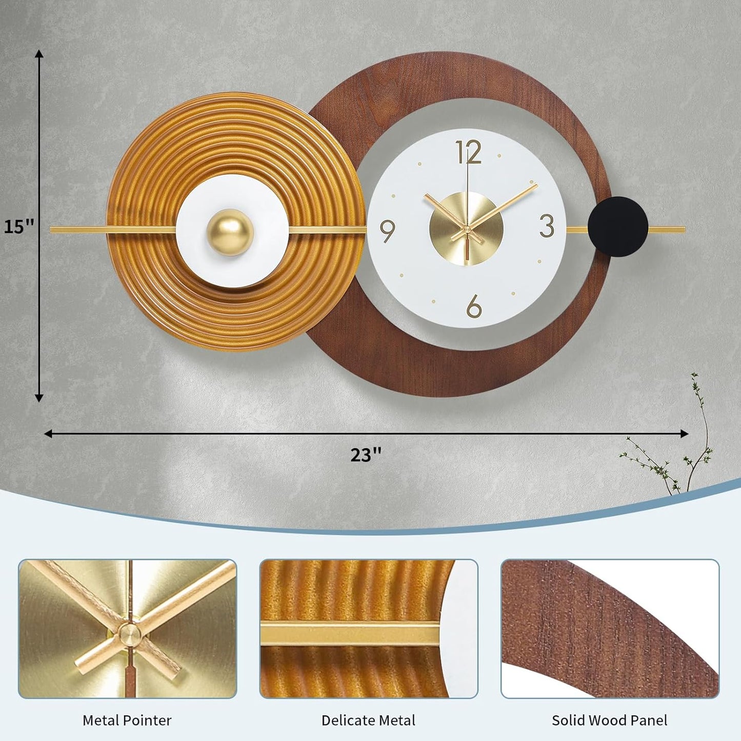 Wall Clock Modern Battery Operated Big Clocks Metal and Wooden Nordic Style Large Wall Watch Decorative Timepiece Perfect for Home,Living,Bedroom 23X15inch