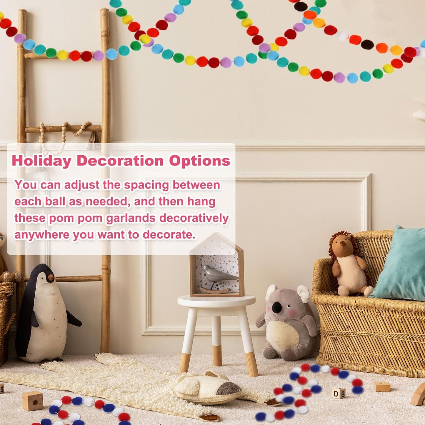 PATIKIL 26Ft Pom Pom Garland Decorations, 4Pcs Colorful Felt Ball Garland Banner Cute Rainbow Pompom Hanging Decorations for Tree Ornaments Decor, Pink/Green/Yellow/Purple/Blue/Orange