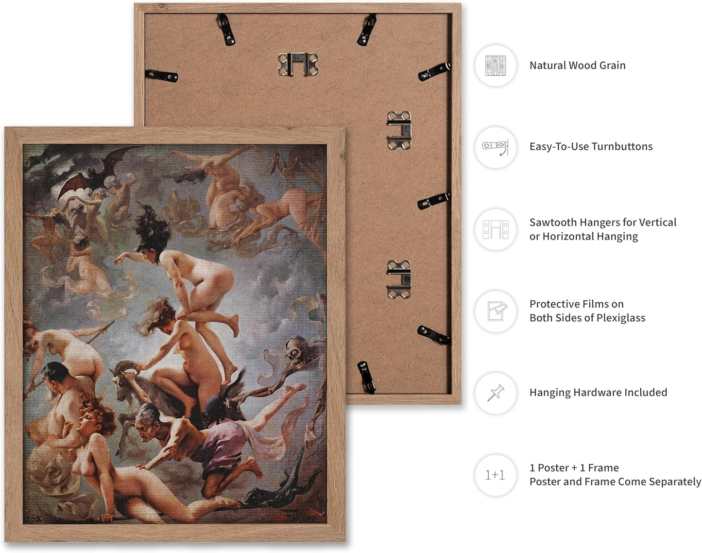 Poster Master Vintage Luis Ricardo Falero Poster - Retro Occult Print - Gift for Gothic, Horror Fan - Witches Going to their Sabbath, Pagan - Wall Decor for Bedroom, Dorm, 8x10 Beige Framed