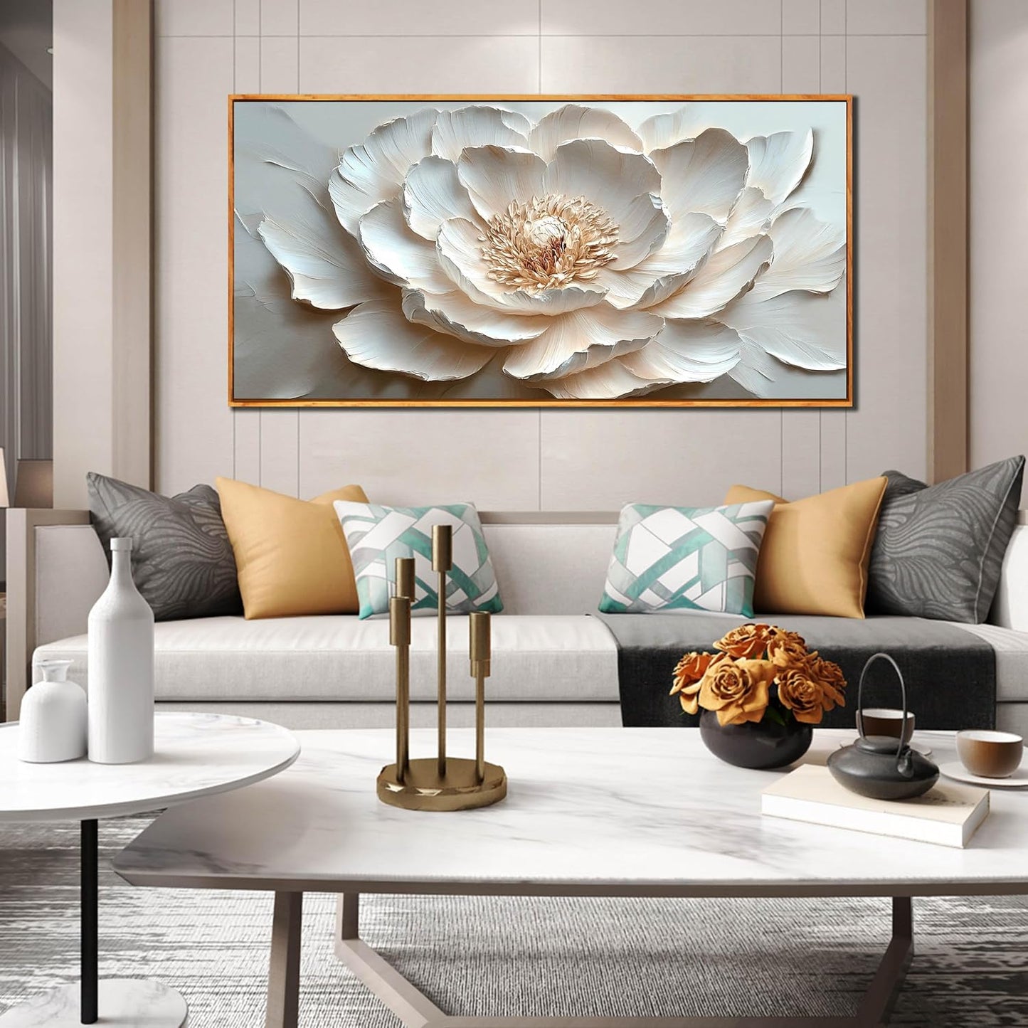 White Flower Pictures Wall Decor for Office Women - Modern Wall Art for Living Room - Wooden Framed Wall Art for Bedroom Size 29" x 59"