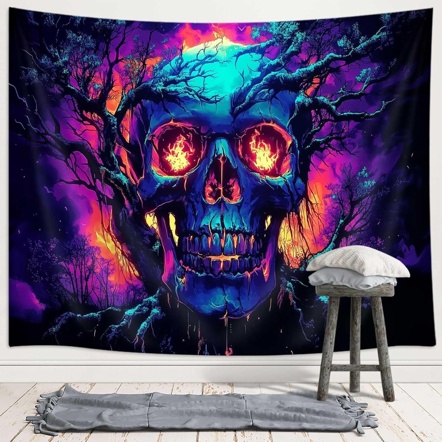 Xiaoput Blacklight Fire Skull Tapestry for Bedroom, Trippy UV Reactive Burning Skeleton Forest Wall Hanging Tapestries, Scary Dark Horror Glow in the Dark Tapestries for Living Room Home Dorm 40X30IN