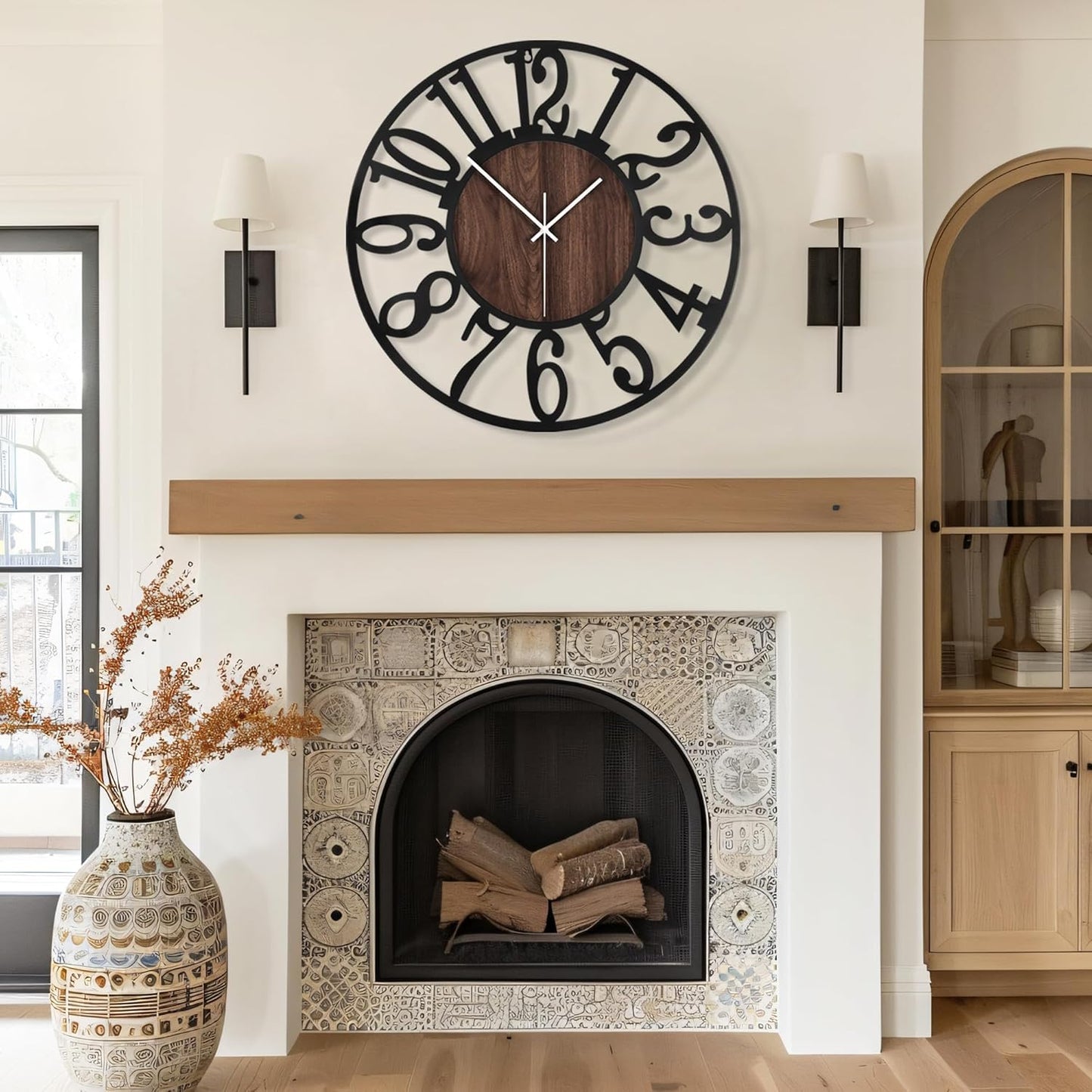 Maxstar Large Round Wall Clock for Living Room Decor Battery Operated Non Ticking Black Metal Wood Clocks for Home Living Room Garden Farmhouse Office Kitchen Decoration -32 inch