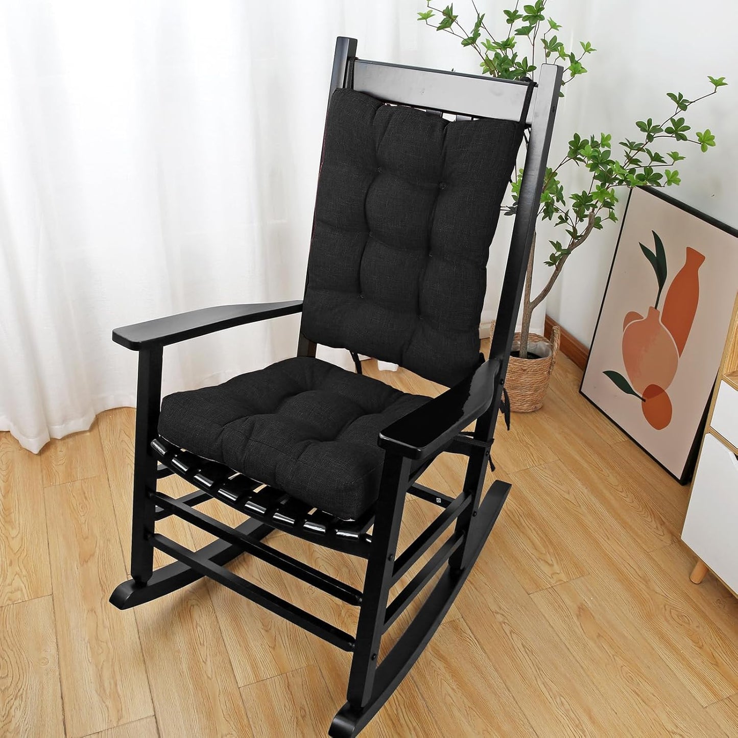 BUYUE Chair Cushion Set for Rocking Chair, Back Pillow & Seat Cushion with Ties, Original Woven Fabric Non-Slip Chair Pads for Elderly Sitting, Black