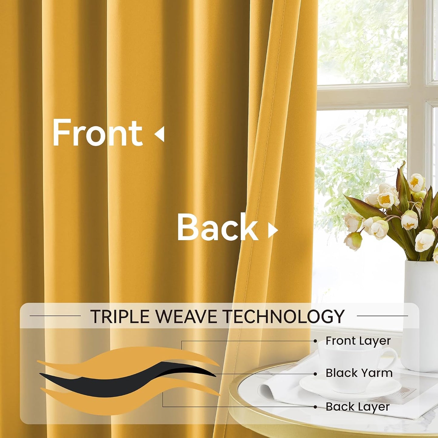 Yellow Window Curtain Panels 96 Inches Long 2 Panels Set-Pinch Pleated Room Darkening Solid Gold Curtains for Living Room Sun Room with Hooks, Soft & Vertical Modern Lush Decor,40x96 Inch