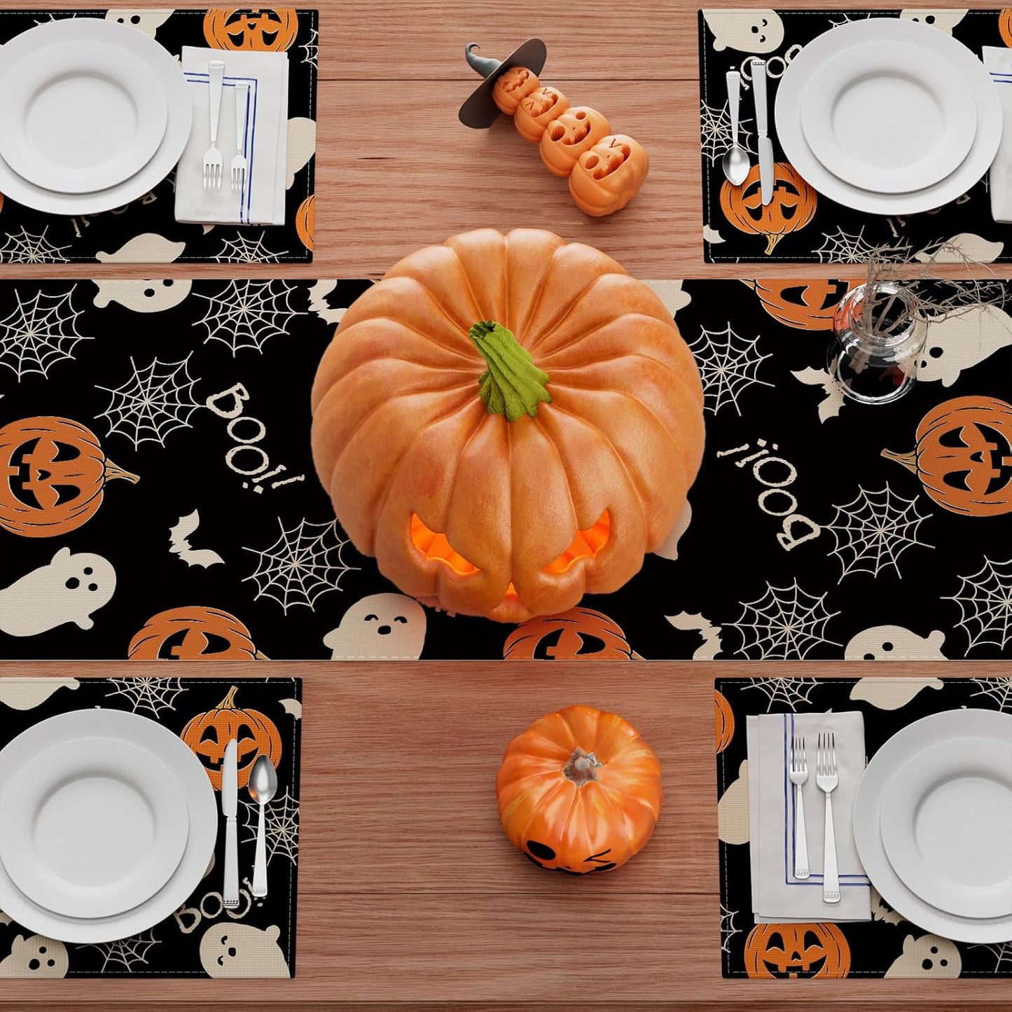 XCHI Boo Spooky Ghost Pumpkin Halloween Table Runner Burlap Table Decoration for Home Kitchen Dining Dinner Indoor Holiday Farmhouse Decor 13x60 Inch