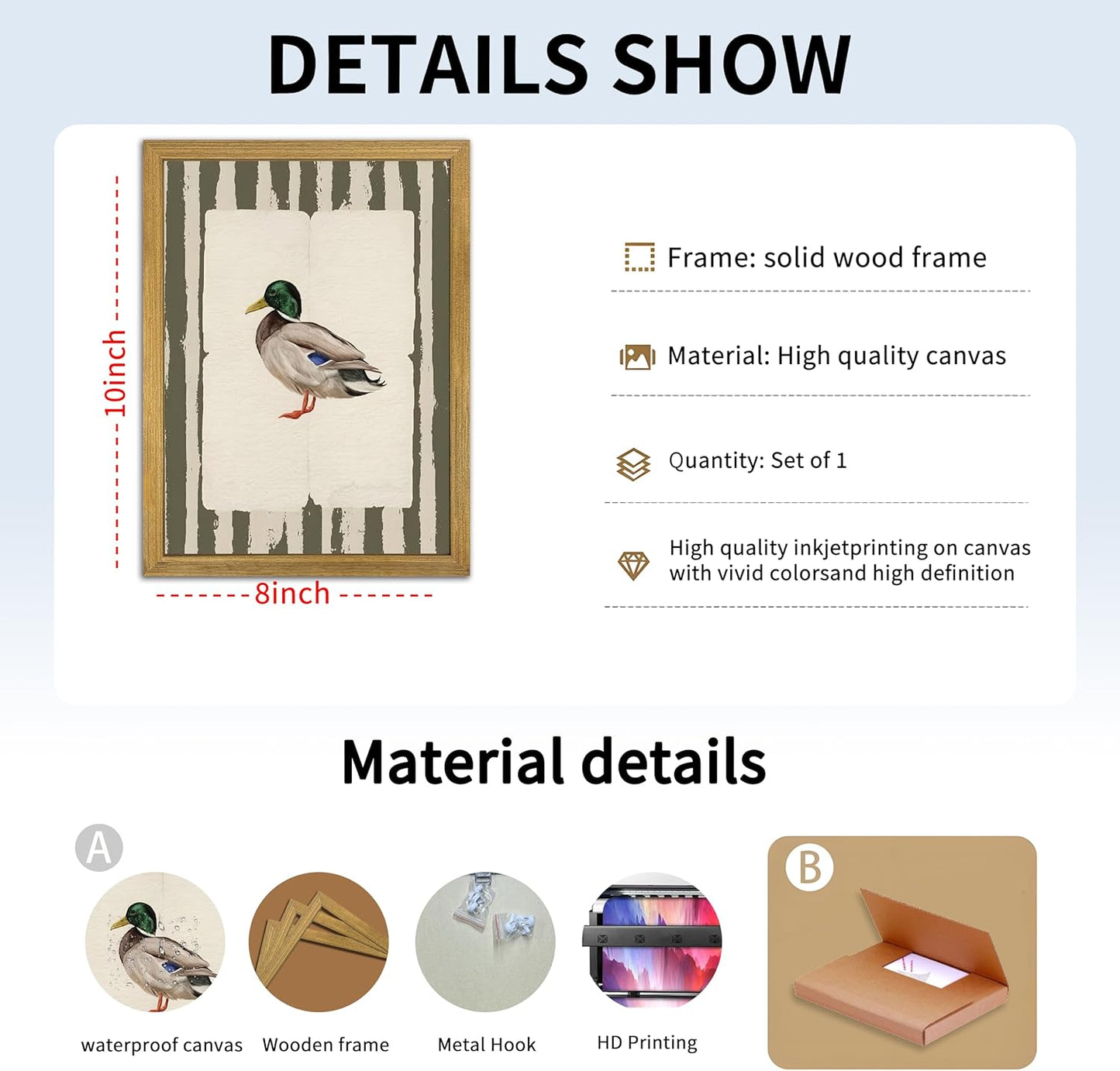 Vintage Framed Duck Wall Art Print, Rustic Mallard Bird Illustration Canvas Poster, Cottagecore Animal Artwork, Farmhouse Nature Wall Decor for Living Room Kitchen Bathroom Bedroom 8x10 inch