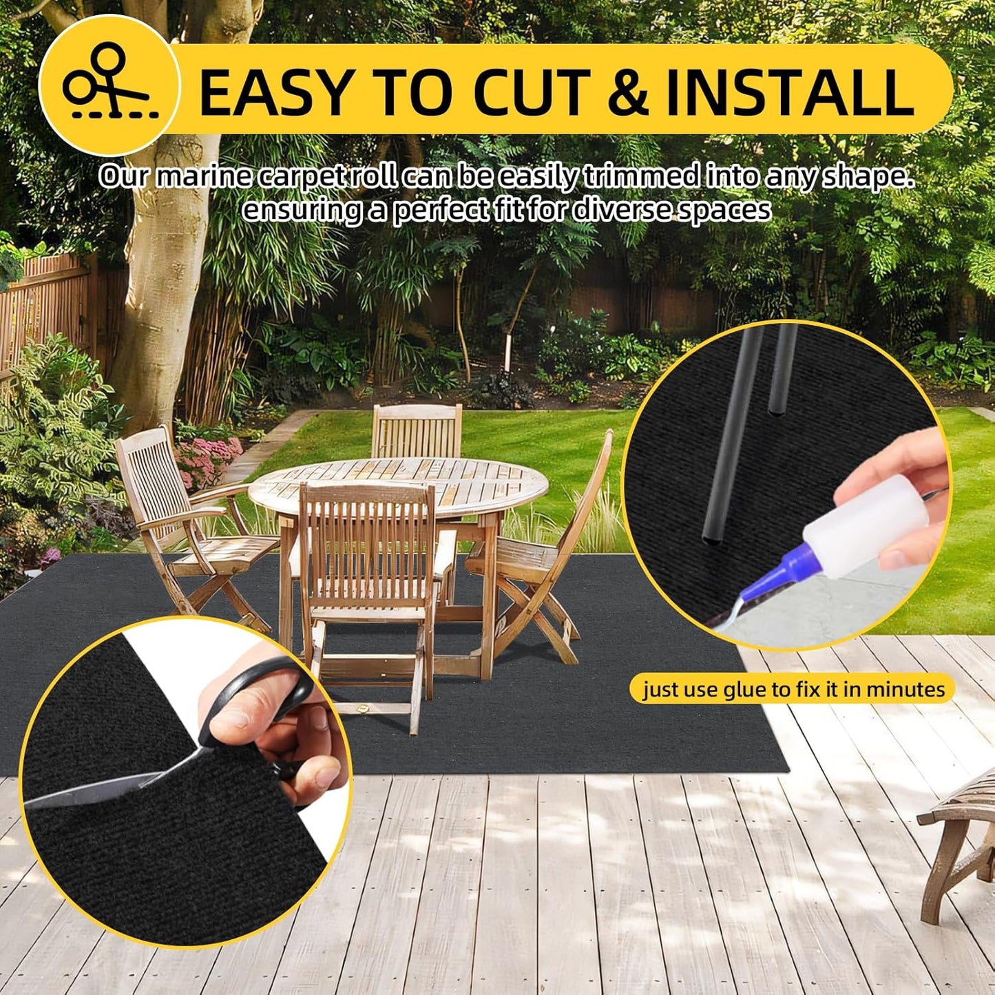 Marine Carpet, 5 FT x 15 FT Black Indoor/Outdoor Rug 0.2" Thick TPE Backed Non-Slip Boat Carpet Roll for Home, Patio, Porch, Deck