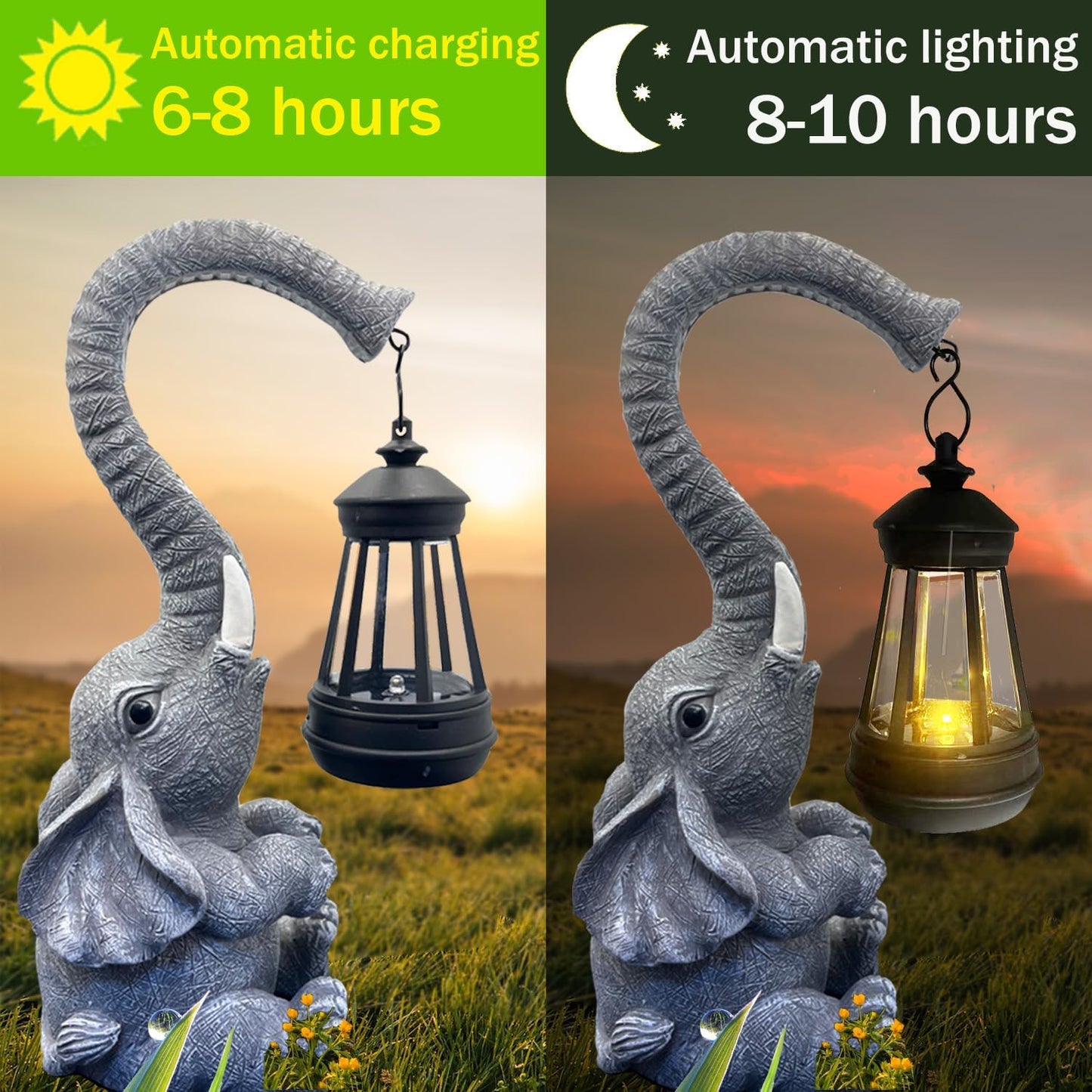 10.6 Inch Statue Elephant with Solar Outdoor Lights for Garden Decor，Lucky Present with Appeal for Birthdays(Man and Women and Family)，Unique Housewarming Presents and Yard Decor. (Gray)