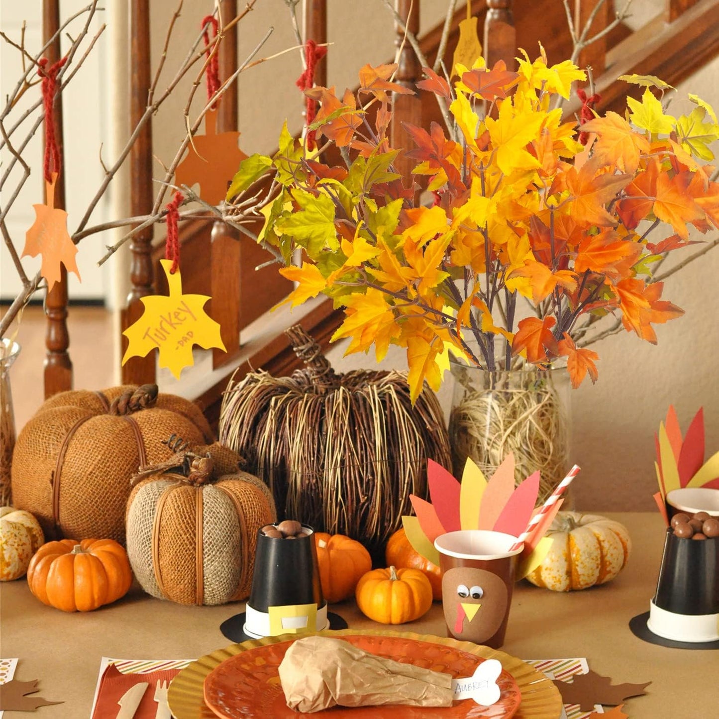 6Pcs Artificial Maple Leaves Branches Fake Fall Maple Shrubs for Thanksgiving Christmas Festival Garland Decoration