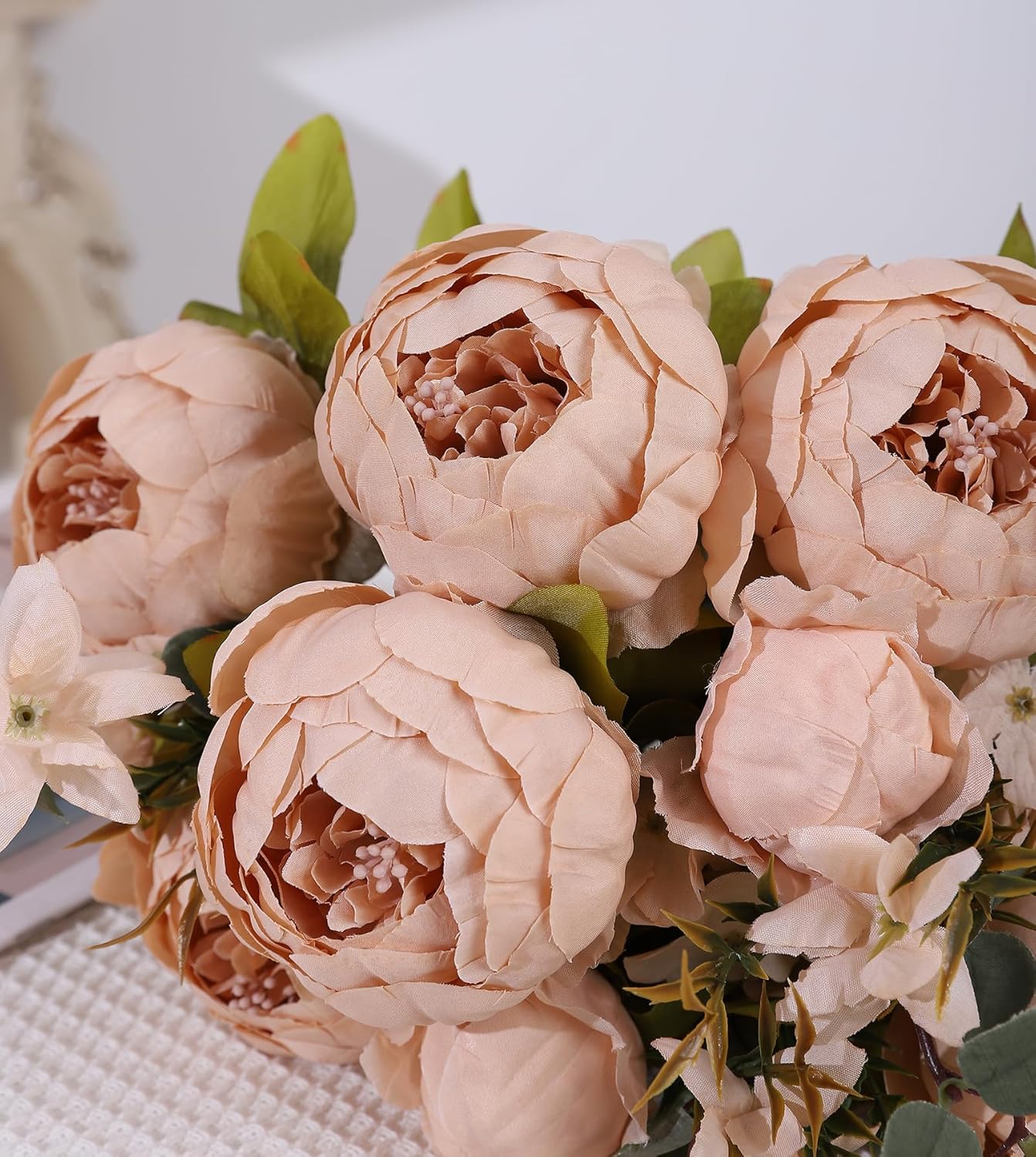 Duovlo Artificial Peony Silk Flowers Fake Flowers Vintage Wedding Home Decoration,Pack of 1 (Light Champagne)