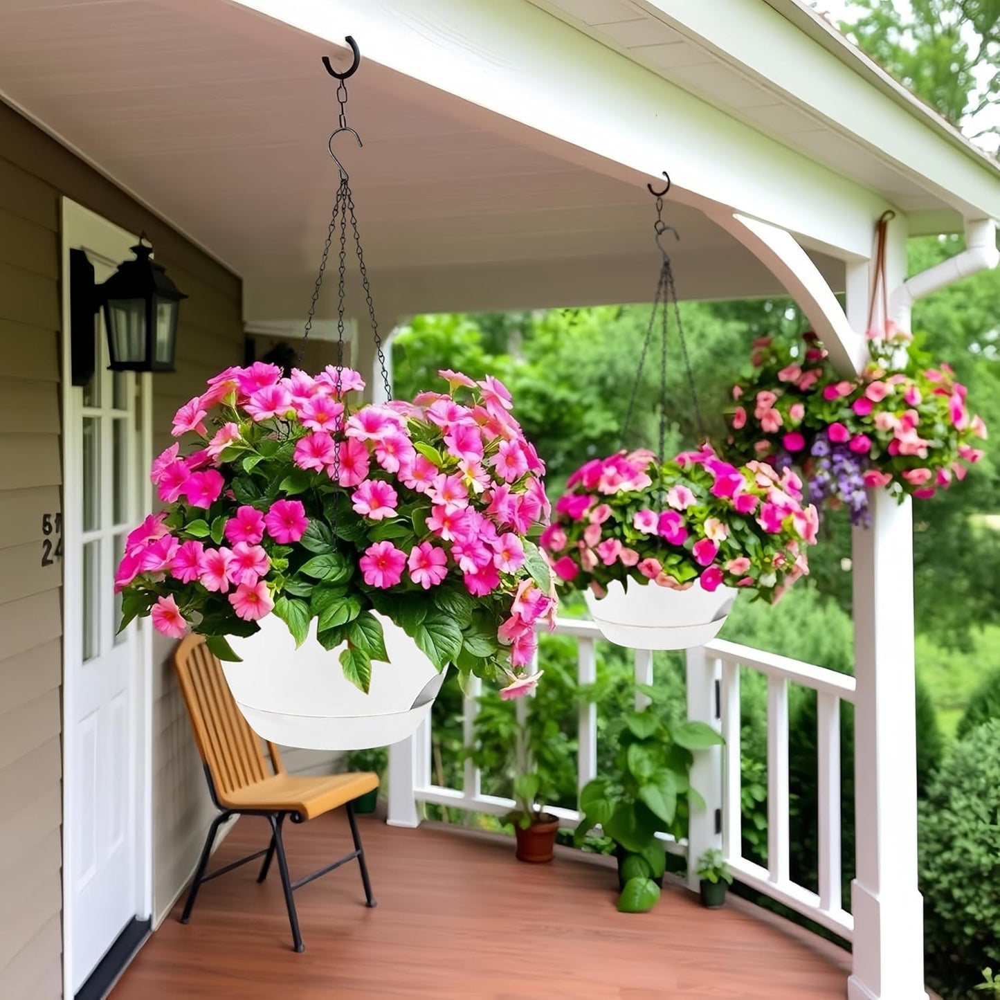 2 Pack 12 Inch Large Hanging Planters with Chains Self Watering White Plastic Hanging Pots for Indoor Outdoor Plants, Garden Porch Home Decor，White
