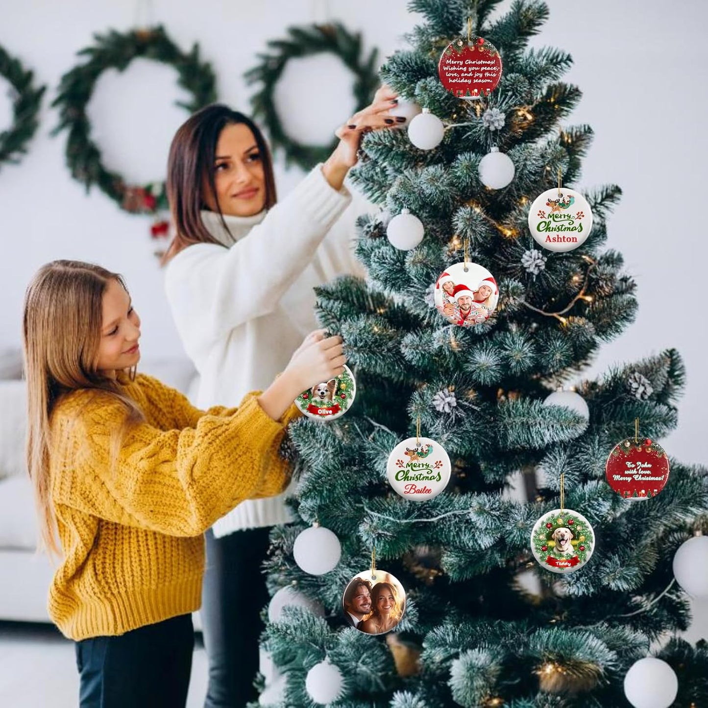 Personalized Christmas Ornaments 2025 - Custom Double-Sided Photo Ceramic Xmas Tree Hanging Decor, Unique for Family Friends (A02-Ceramic Style)