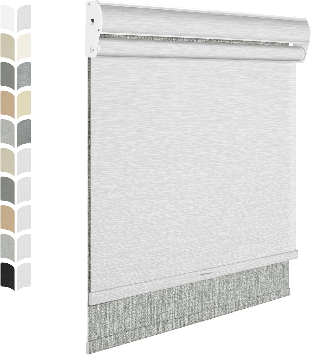 BERISSA Cordless Dual Roller Shades with Cassette Valance, Double Window Shades - Blackout and Light Filtering - Day and Night for Home, Office, Door. Linen Grey and White. 41 W x 64" H