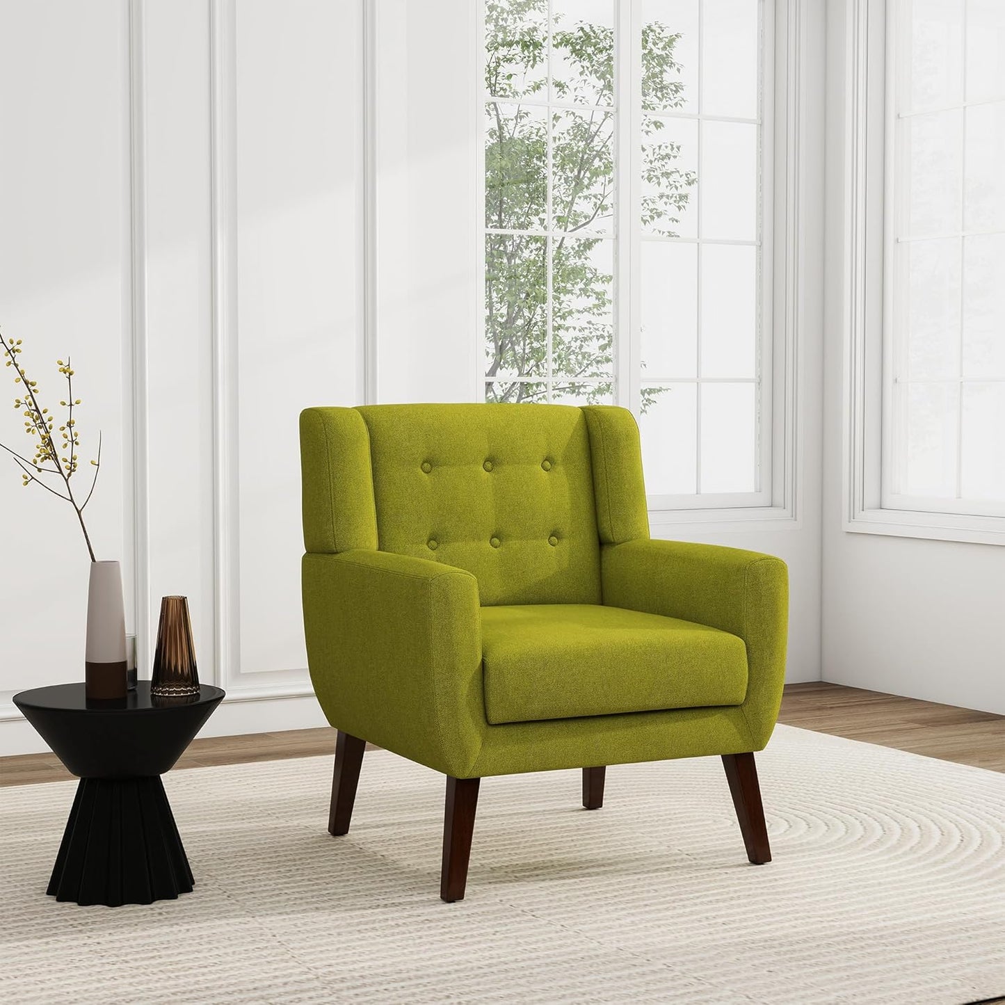 UIXE Accent Chairs Set of 2, Modern Upholstered Arm Chair, Mid-Century Club Armchair Comfy Single Lounge Sofa Button Tufted Living Room Reading Seat Bedroom Side Sitting for Home Office,Green