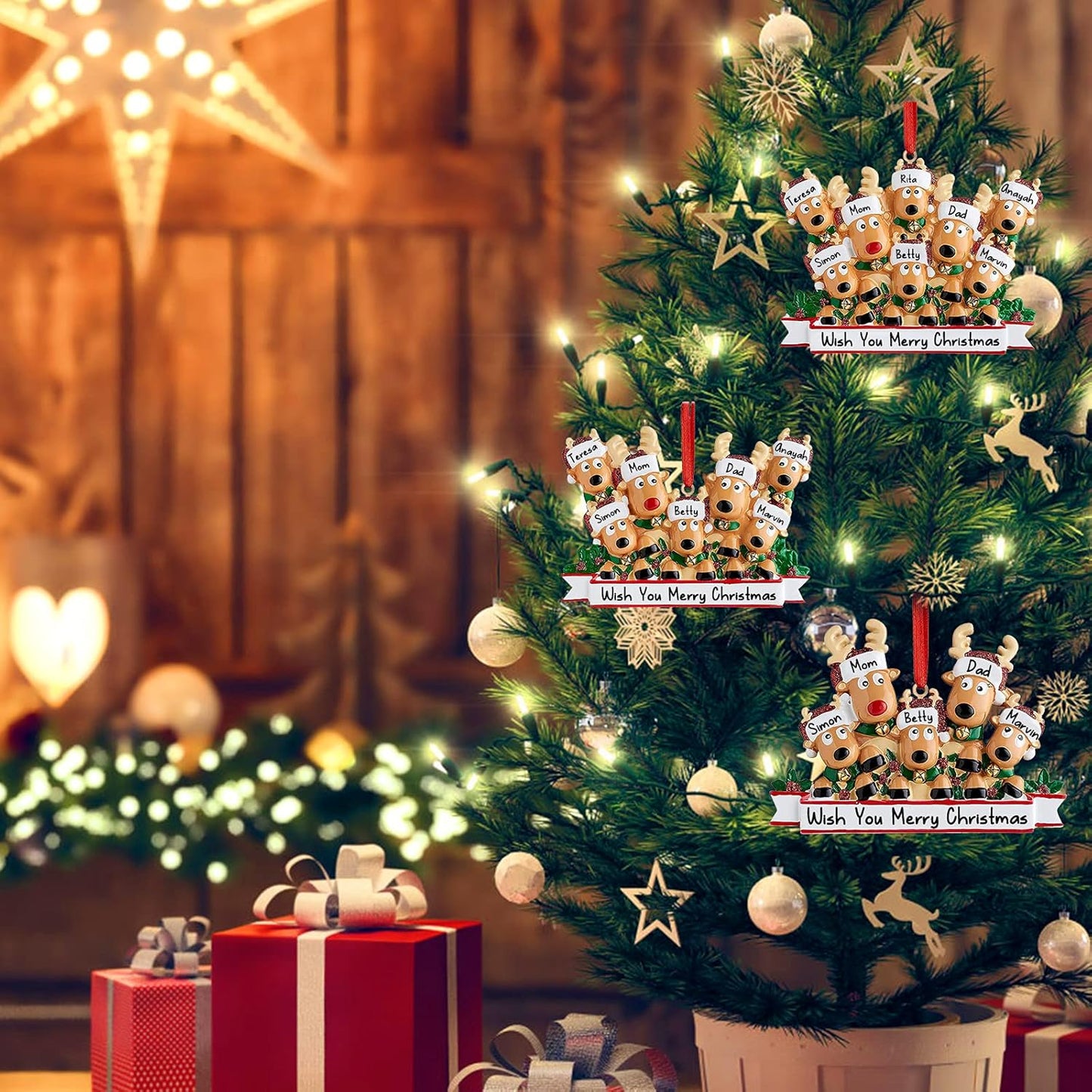 Personalized Deer Christmas Ornaments 2025 Family of 2,3,4,5,6,7,8 Custom Name Reindeer Xmas Ornament with Text,Customized Christmas Decoration Gifts - Family of 3