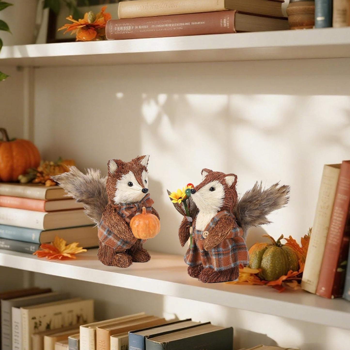 winemana 2 Pack Fall Decor Fox, Thanksgiving Decorations Indoor Sisal Foxes for Home Table Centerpiece Handmade Autumn Woodland Animal Friend Figurines with Pumpkin for Shelf Office Décor