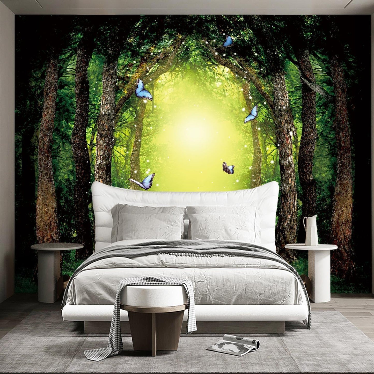 Classy Dream Butterfly Forest Tree Wallpaper for Bedroom Jungle Woodland Wall Mural Living Room Large Woods Adhesive Fabric decorr - 137"x96"（Not Peel and Stick）