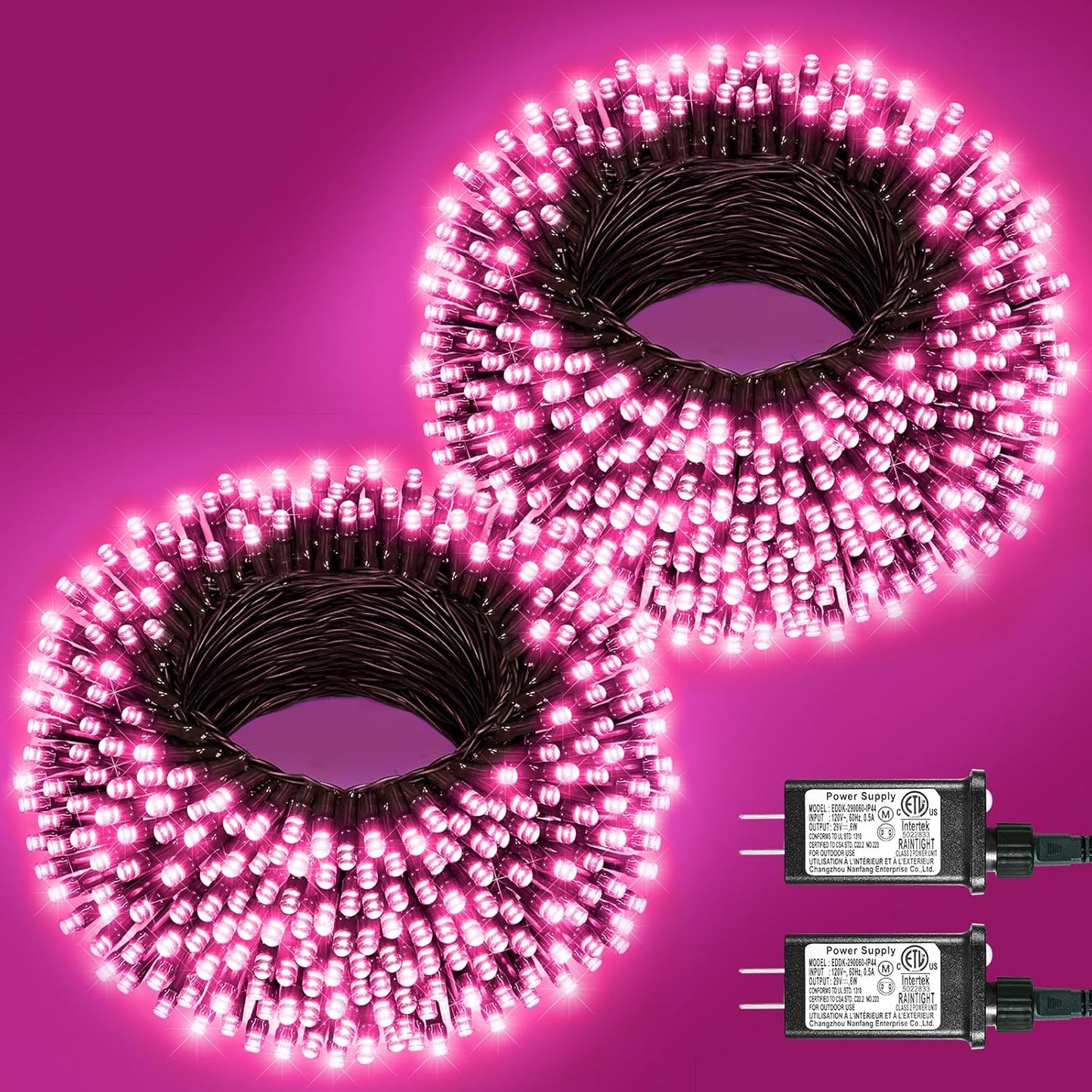 2 Pack Christmas Lights Outdoor, Total 200FT 600LED String Lights for Outside with 8 Modes Waterproof, Green Wire Twinkle Tree Lights for Indoor Room Patio Garden Party Decorations, Pink