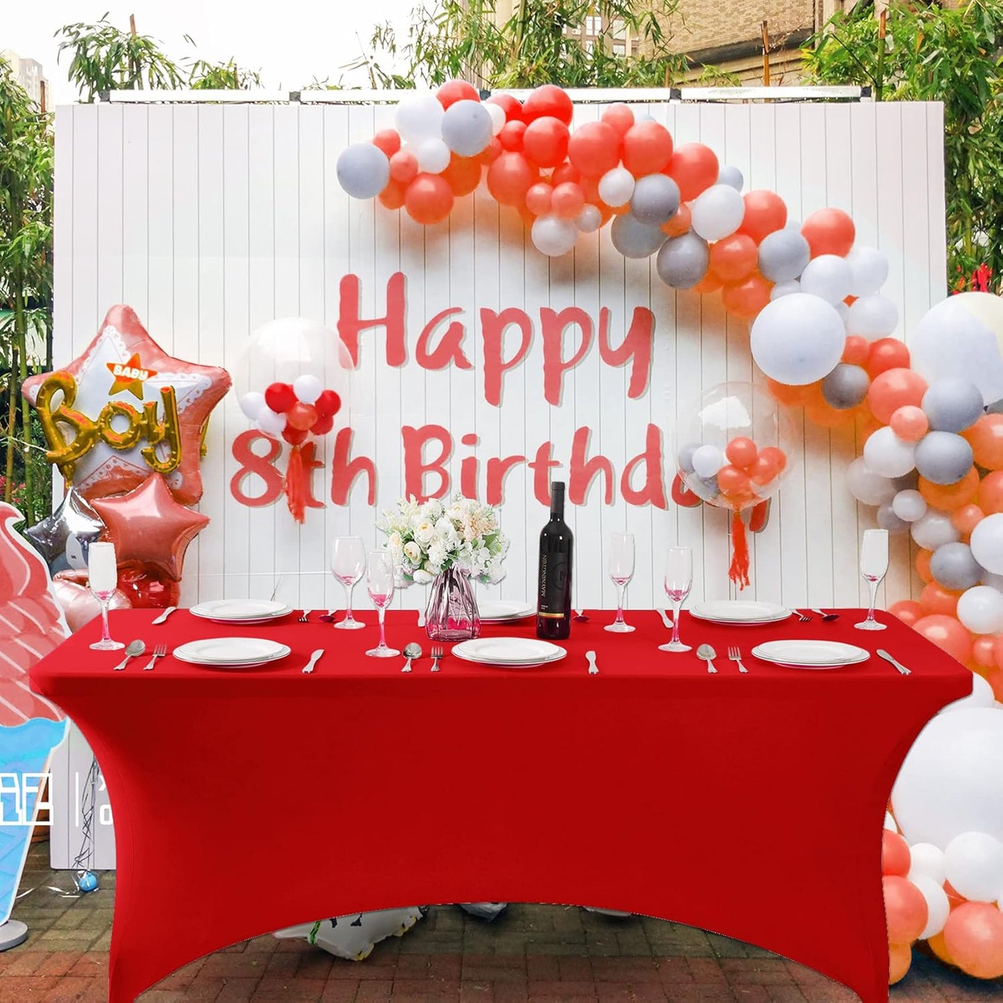 SuperO 2Pack Waterproof Spandex Table Cover for 8FT Table Universal Fitted Stretch Tablecloth for Party, Banquet, Wedding and Events-Red