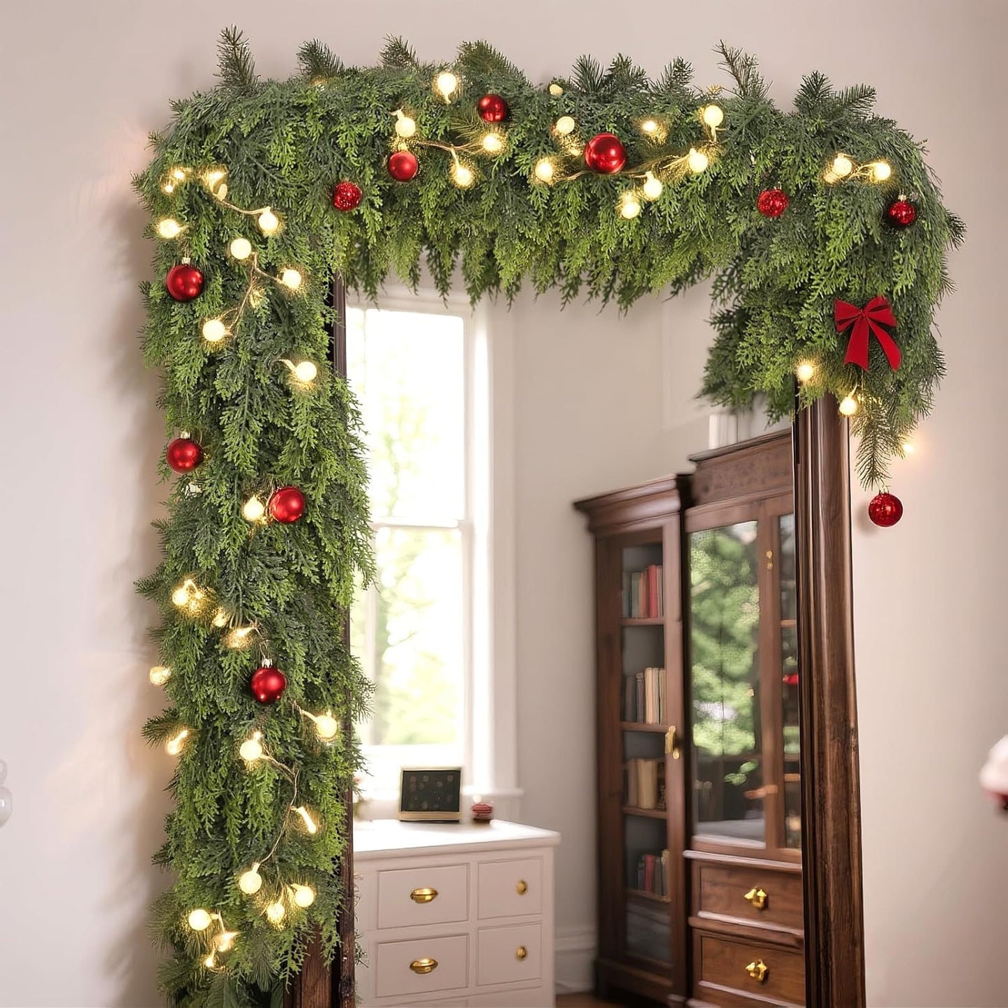 Real Touch Christmas Cedar Garland -9ft Artificial Garlands Faux Cedar Fake Pine Needles Garland for Fireplace,Table,Window,Stairs,Mante,Holiday Indoor Outdoor Xmas Decor(1PCS)