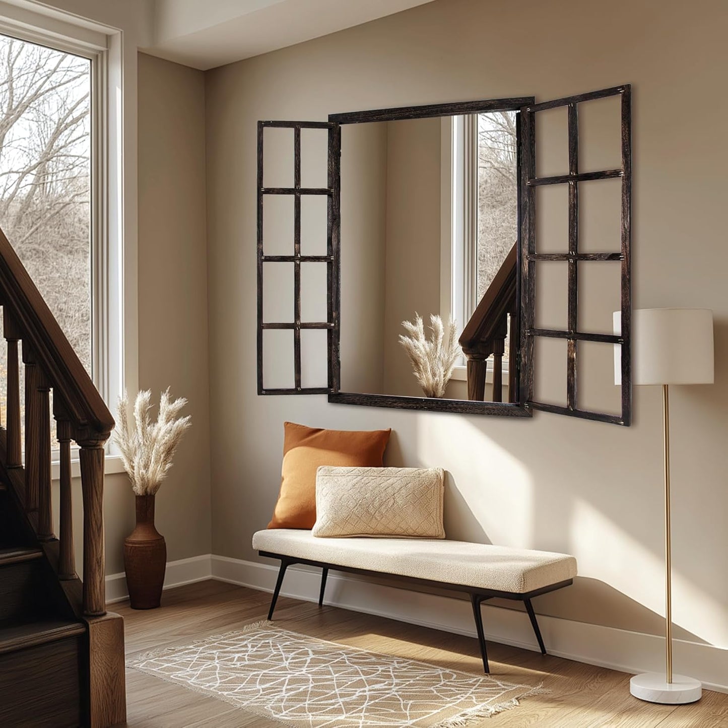 Wall Mirror with Window Design, 36"x24" Rustic Farmhouse Wood Mirror for Wall Decor, Decorative Vintage Mirror for Living Room, Bedroom, Entryway