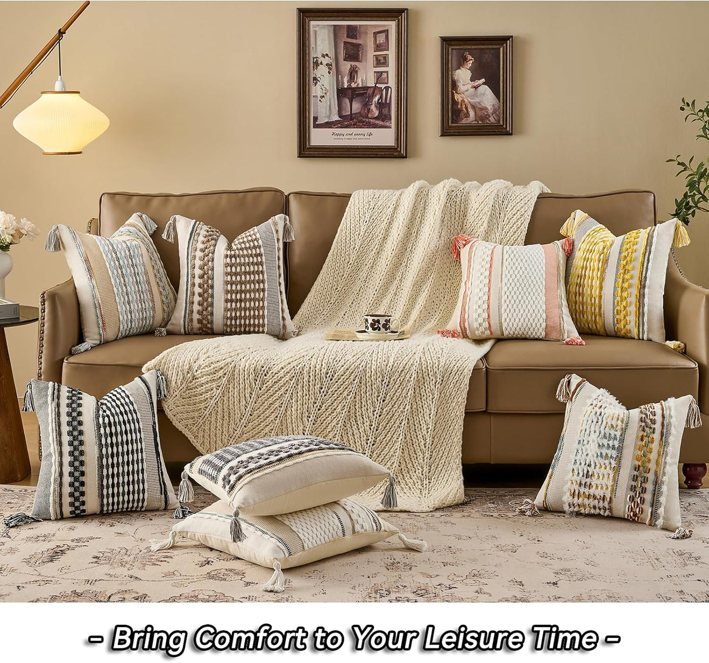 AmHoo Set of 2 Chenille Striped Tufted Textured Boho Throw Pillow Covers Aesthetic with Tassels Woven Decorative Pillow Case for Couch Bed Sofa Bedroom Modern Funky 18 x 18-Inch Brown White