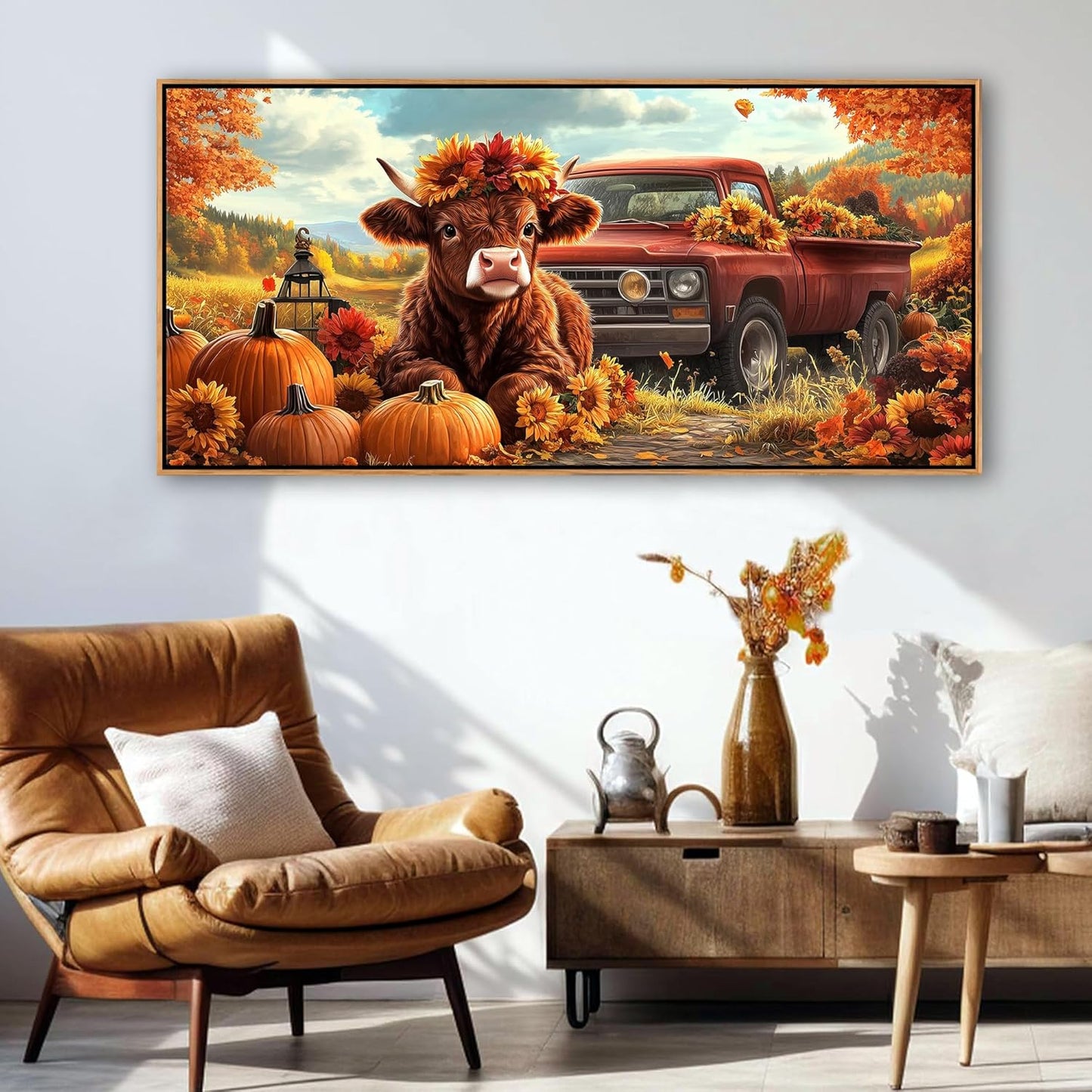 QZQCBLC Large Framed Wall Art, Orange Cow Pumpkins Rustic Fall Mountain Landscape Canvas Pictures Red Truck Sunflowers Painting Artwork for Living room Bedroom Home Office Artwork Wall Decor 29X58