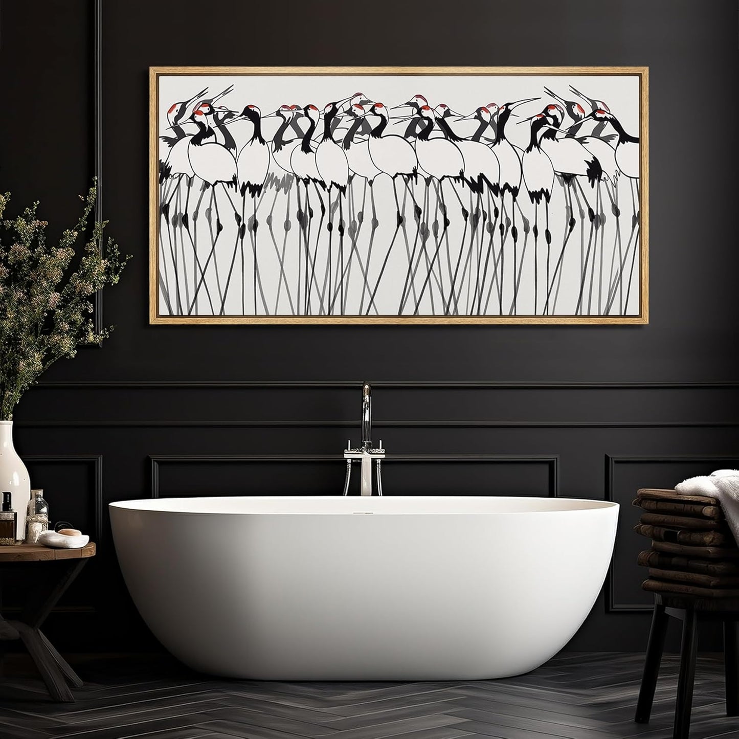 MUDECOR Extra Large Framed Canvas Print Wall Art Minimalist Crane Flock Japanese Ink Style Bird Illustrations Decorative Colorful Multicolor for Bedroom - 60"x30"