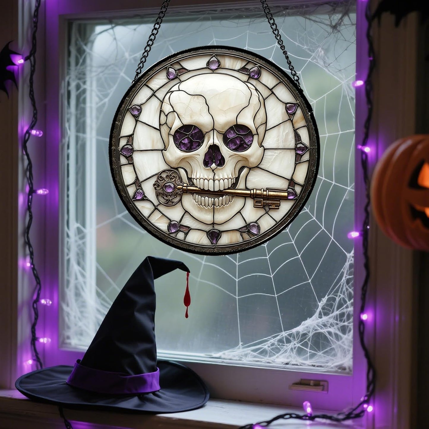 Stained Glass Window Hanging - Halloween Scary Skull Suncatcher for Doors Garden Home Spooky Purple Skeleton Key Sun Catchers Gothic Decor Horror Gifts for Women Men Friend Boy Girl 11.8 in