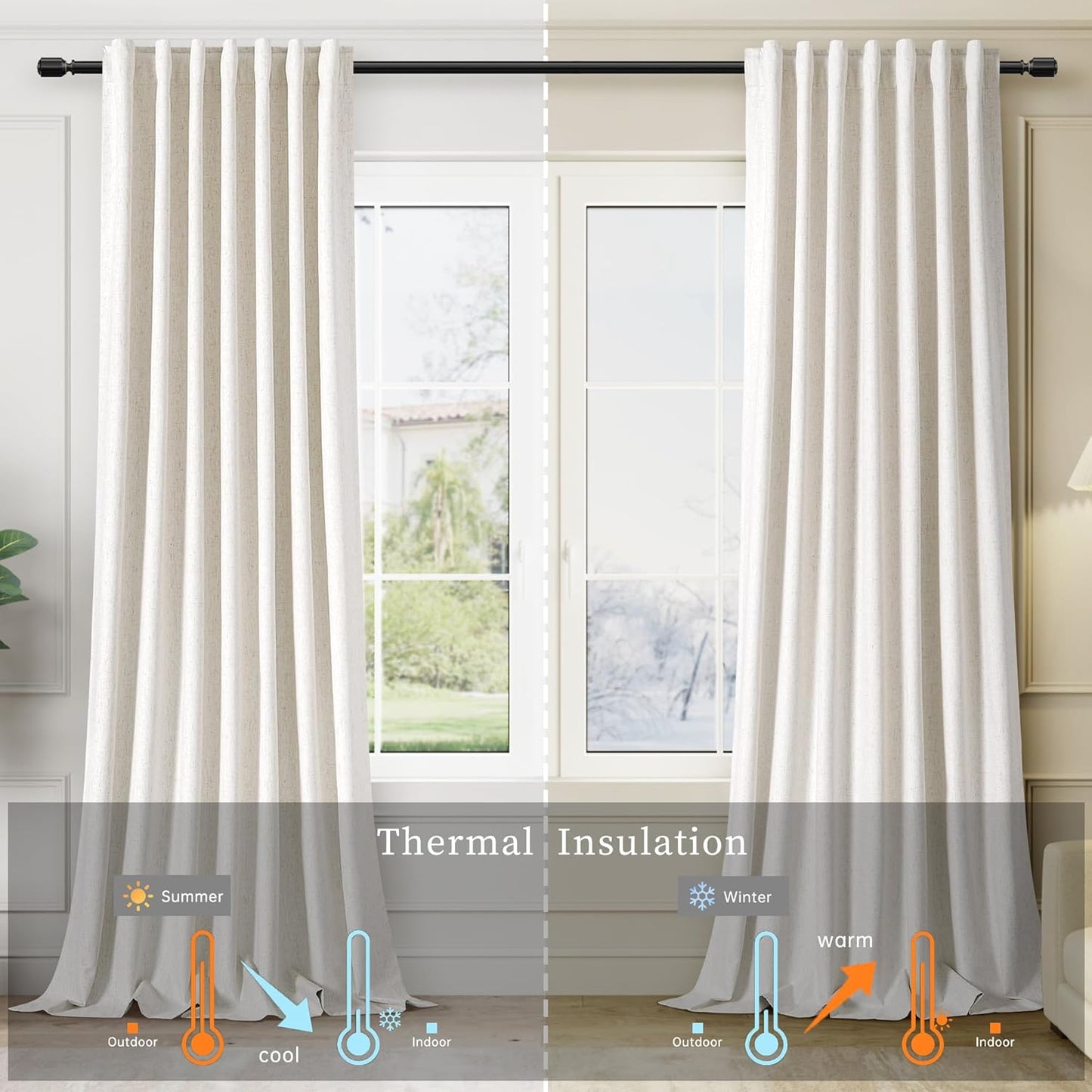 BOODII 63 Inch Blackout Curtains Cream Linen Black Out Curtains for Bedroom 2 Panels Set Neutral Room Darkening Curtain Natural Beige Thermal Insulated Curtain for Nursery Drapes Back Tab 52x63