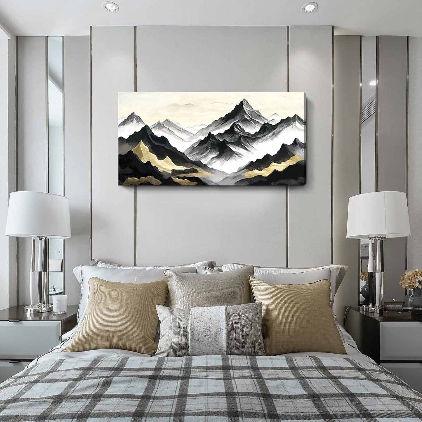 amatop Large Abstract Mountain Wall Art for Living Room Office Bedroom Modern Landscape Canvas Art Print Inspirational Artwork Horizontal Black Gold and White Nature Picture Wall Decor 48x24 Inch