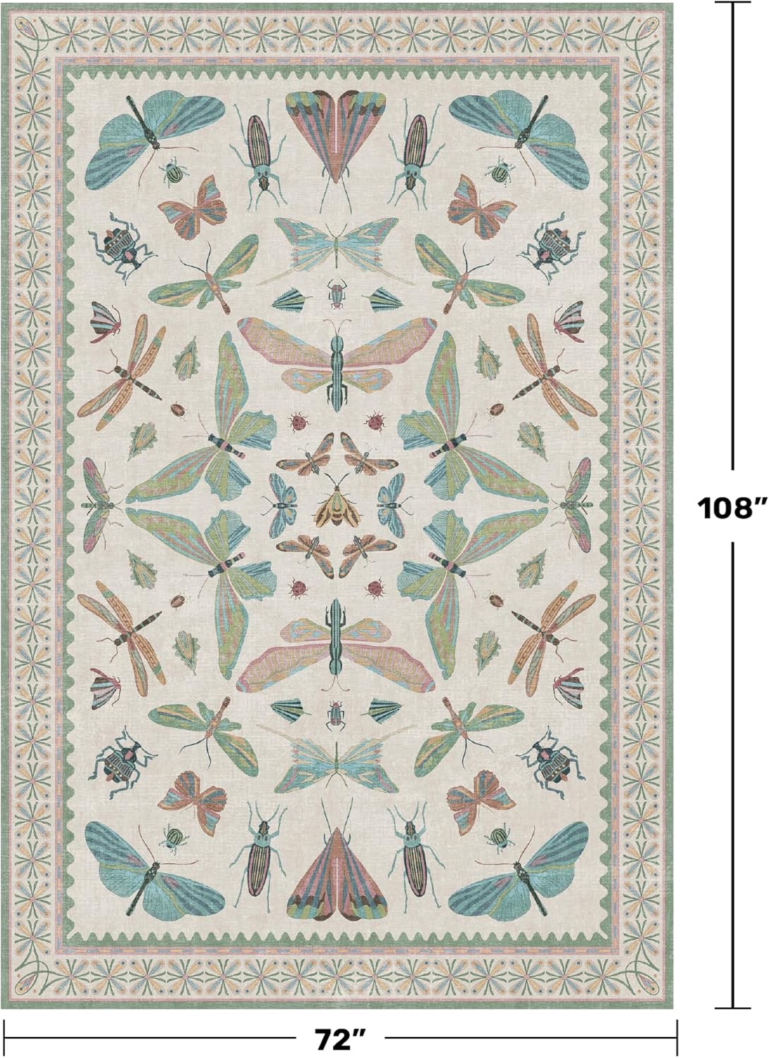 Sage Green Rugs for Bedroom Under Bed - 6x9 Area Rug for Living Room, Dining Room, Kids Playroom, Fun Insect Cute Décor,Ultra Soft Non Slip Stain Resistant