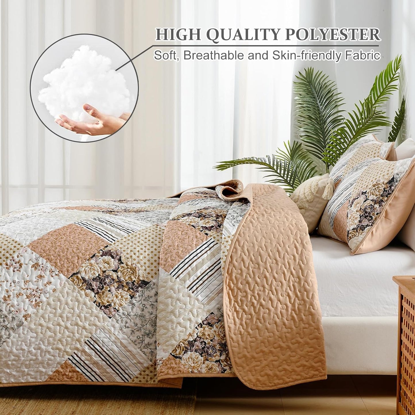 Dobuyly Fall King Size Quilt Set, Beige and Brown Floral Plaid Patchwork Bedspread Reversible Coverlet Set 3 Pieces, Soft Lightweight Microfiber Bedding Set for All Season, 104"x90"