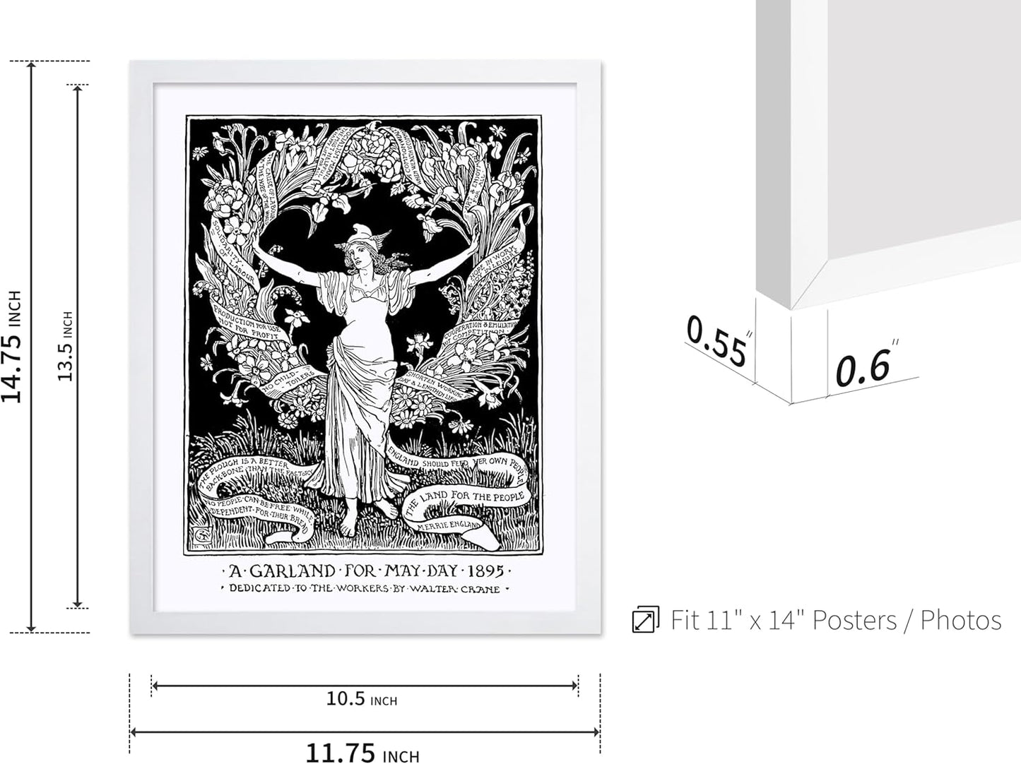 Poster Master Vintage Walter Crane Poster - Retro A Garland for May Day Print - Socialist Art - Gift for Him, Her, Men, Women - Wall Decor for Home, Office, Living Room, 11x14 White Framed